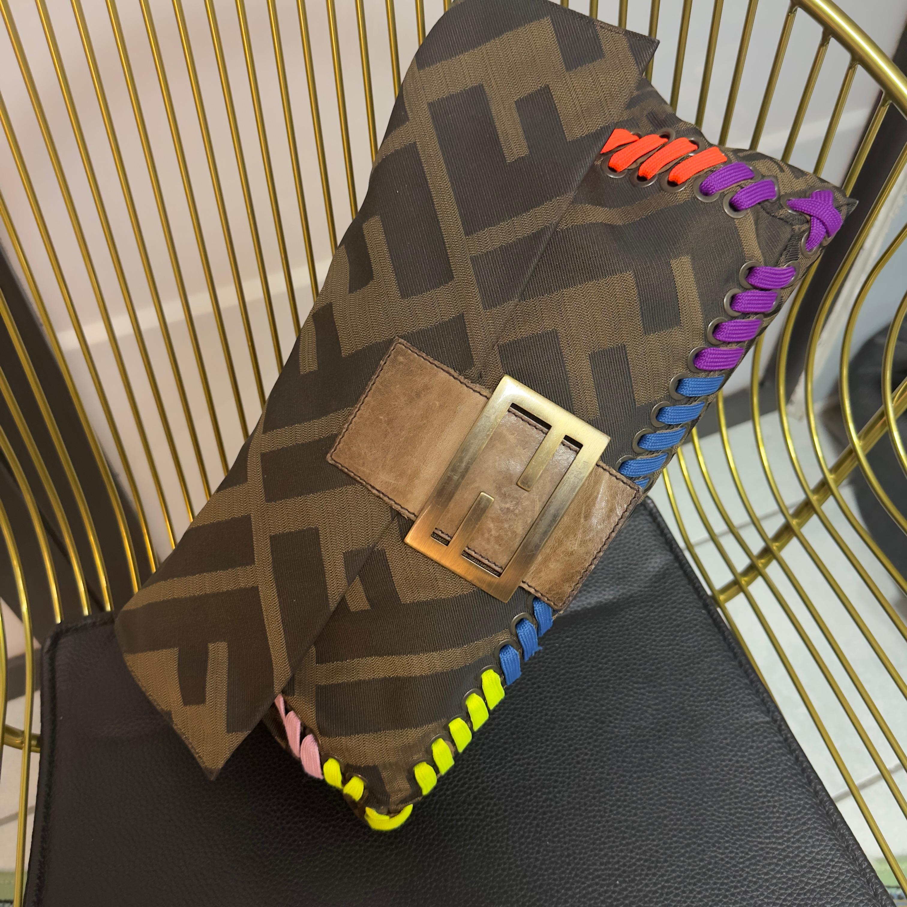 Fendi baguette edizione limitata in perfette condizioni 
Tessuto monogram con dettagli colorati sul fondo
La borsa risulta molto morbida ed adattabile e si può portare con e senza tracolla che e’ removibile 
La parte del pellame ha effetto
