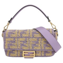 Fendi Baguette Medium Beige Lavender Raffia Leather Crossbody Bag