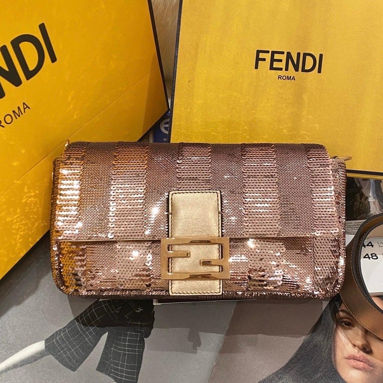 Fendi Baguette Medium Pink Glitter Sequins Valentine's Special Crossbody Bag