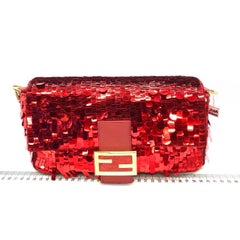 Fendi Baguette Medium Red Glitter Sequins Shoulder Bag