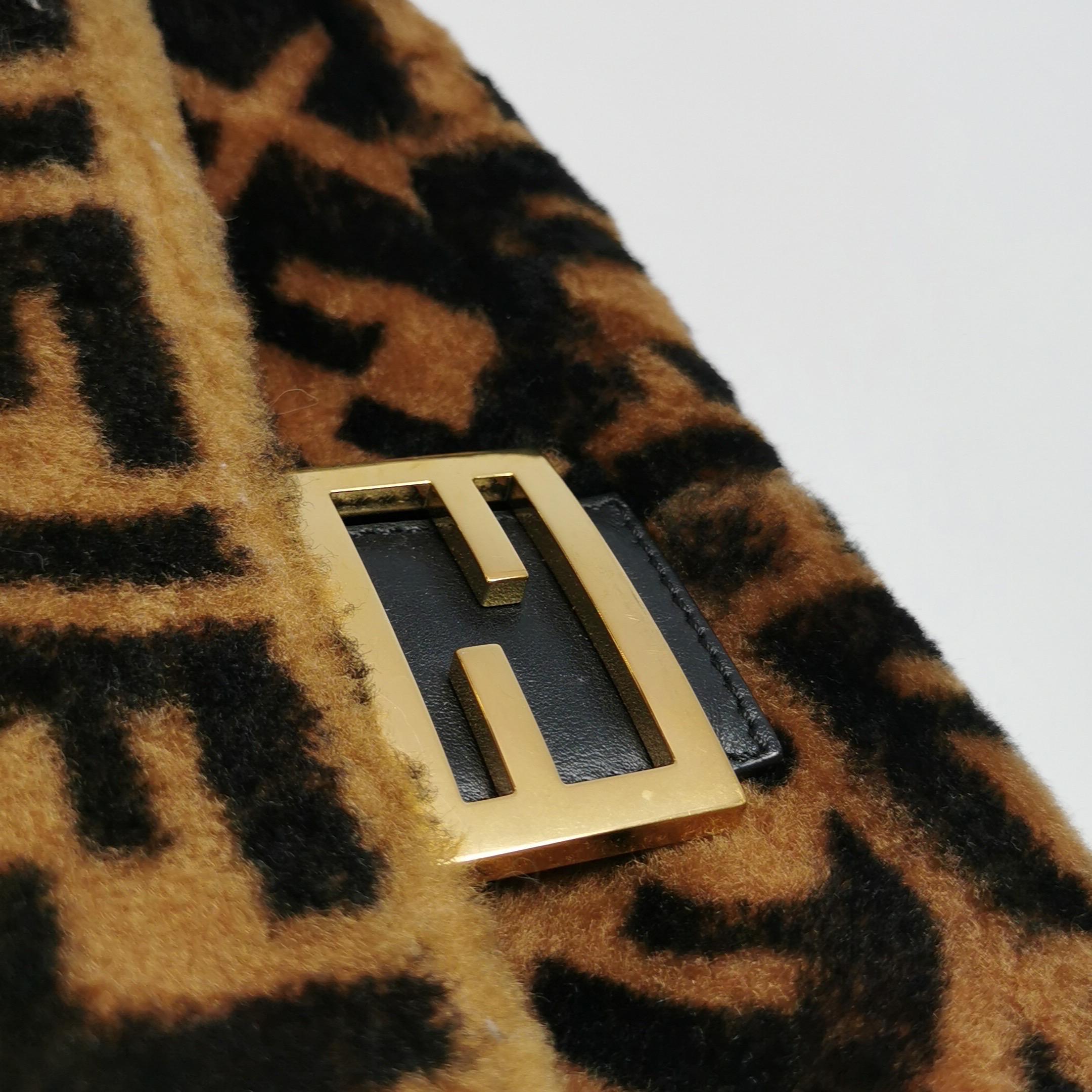 Fendi Baguette Medium Shearling Vitello Dolce Marco FF 1974 Tobacco Brown Zucca For Sale 9