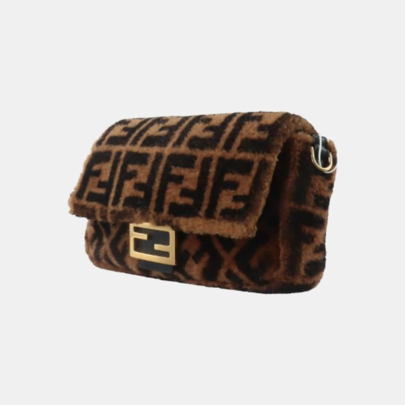Black Fendi Baguette Medium Shearling Vitello Dolce Marco FF 1974 Tobacco Brown Zucca For Sale
