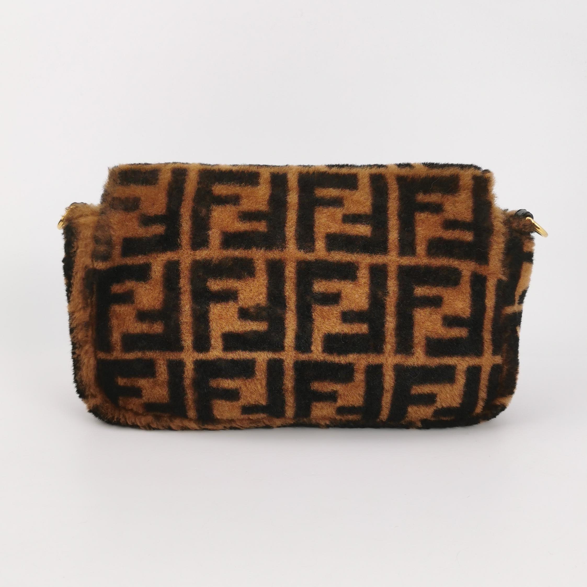 Black Fendi Baguette Medium Shearling Vitello Dolce Marco FF 1974 Tobacco Brown Zucca For Sale