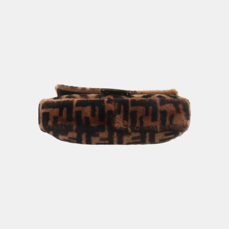 Women's Fendi Baguette Medium Shearling Vitello Dolce Marco FF 1974 Tobacco Brown Zucca For Sale