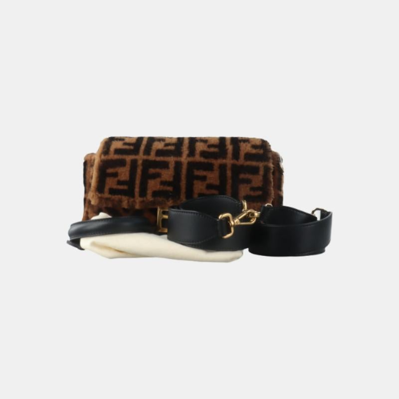 Fendi Baguette Medium Shearling Vitello Dolce Marco FF 1974 Tobacco Brown Zucca For Sale 2