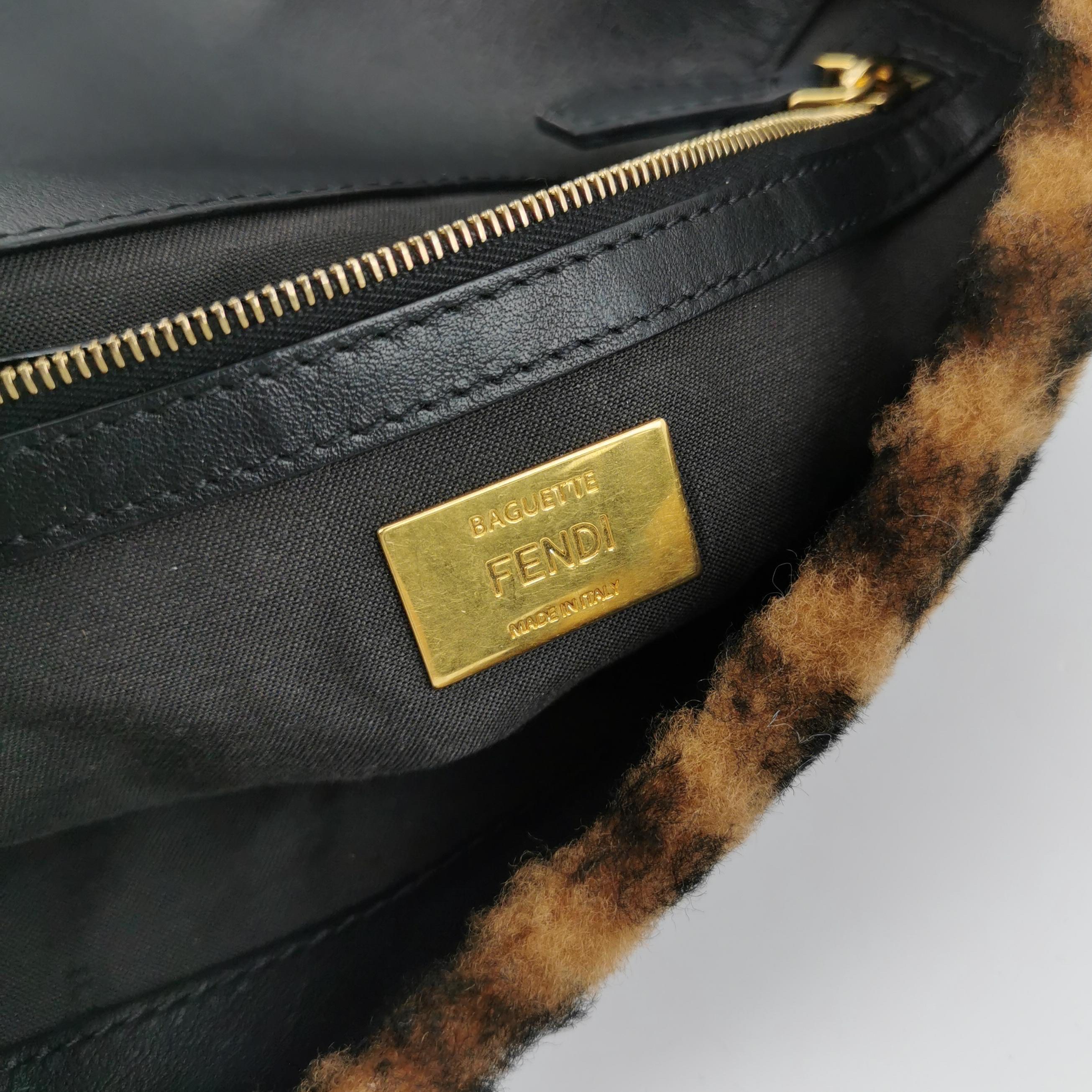 Fendi Baguette Medium Shearling Vitello Dolce Marco FF 1974 Tobacco Brown Zucca For Sale 4