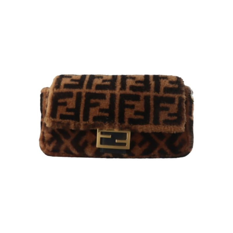 Fendi Baguette Medium Shearling Vitello Dolce Marco FF 1974 Tobacco Brown Zucca For Sale