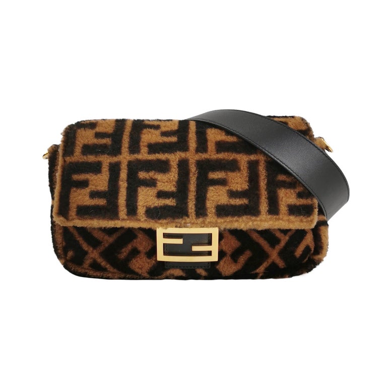 Fendi Baguette Medium Shearling Vitello Dolce Marco FF 1974 Tobacco Brown  Zucca For Sale at 1stDibs