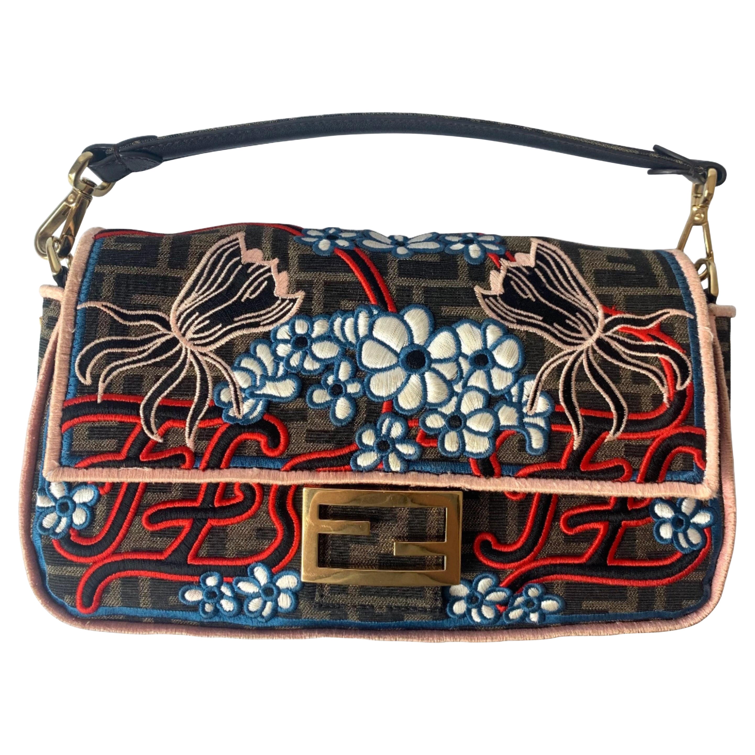 Fendi Baguette Medium Zucca Print with Floral Embroidery Crossbody Bag
