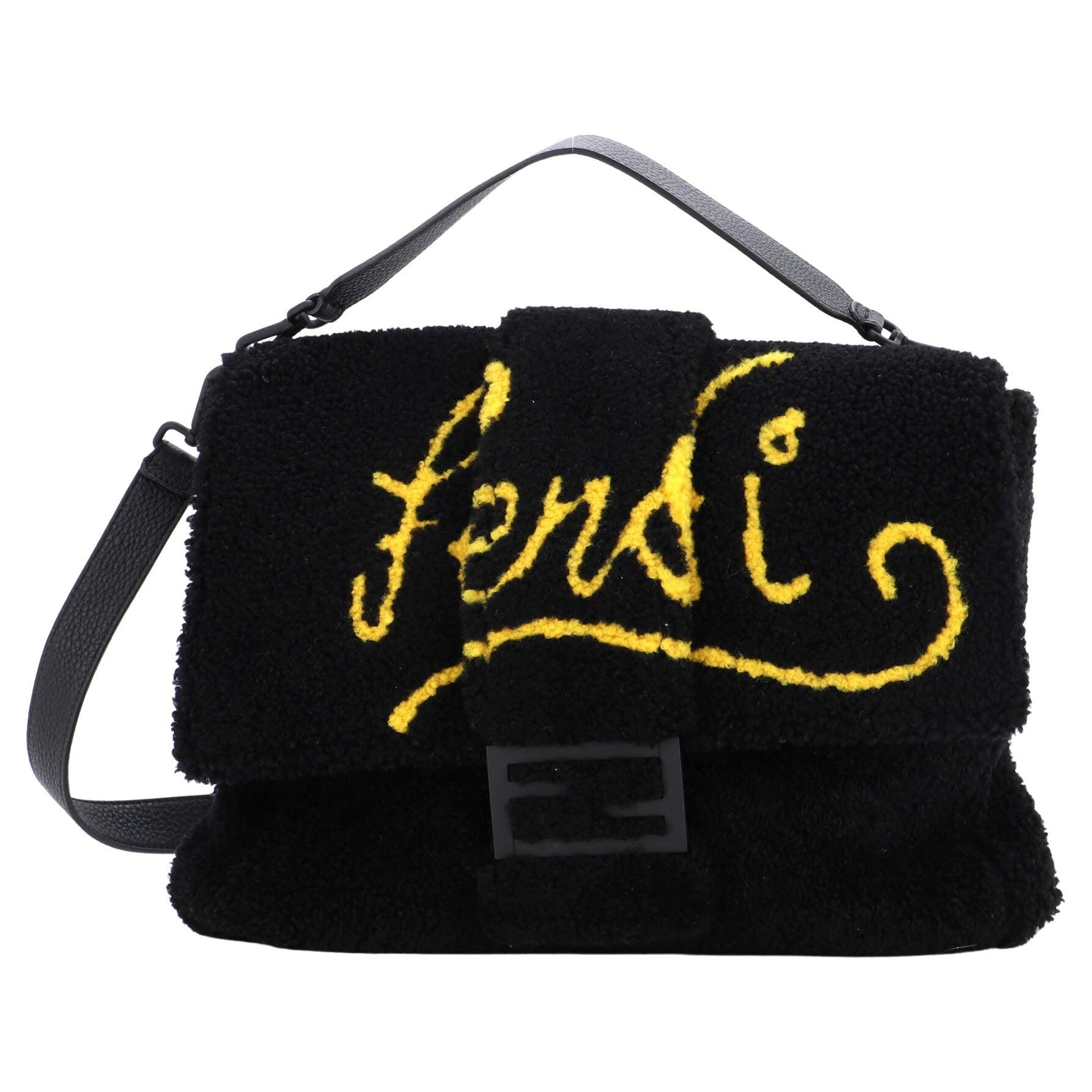 Fendi Baguette Messenger Bag Printed Shearling with Leather Large For Sale