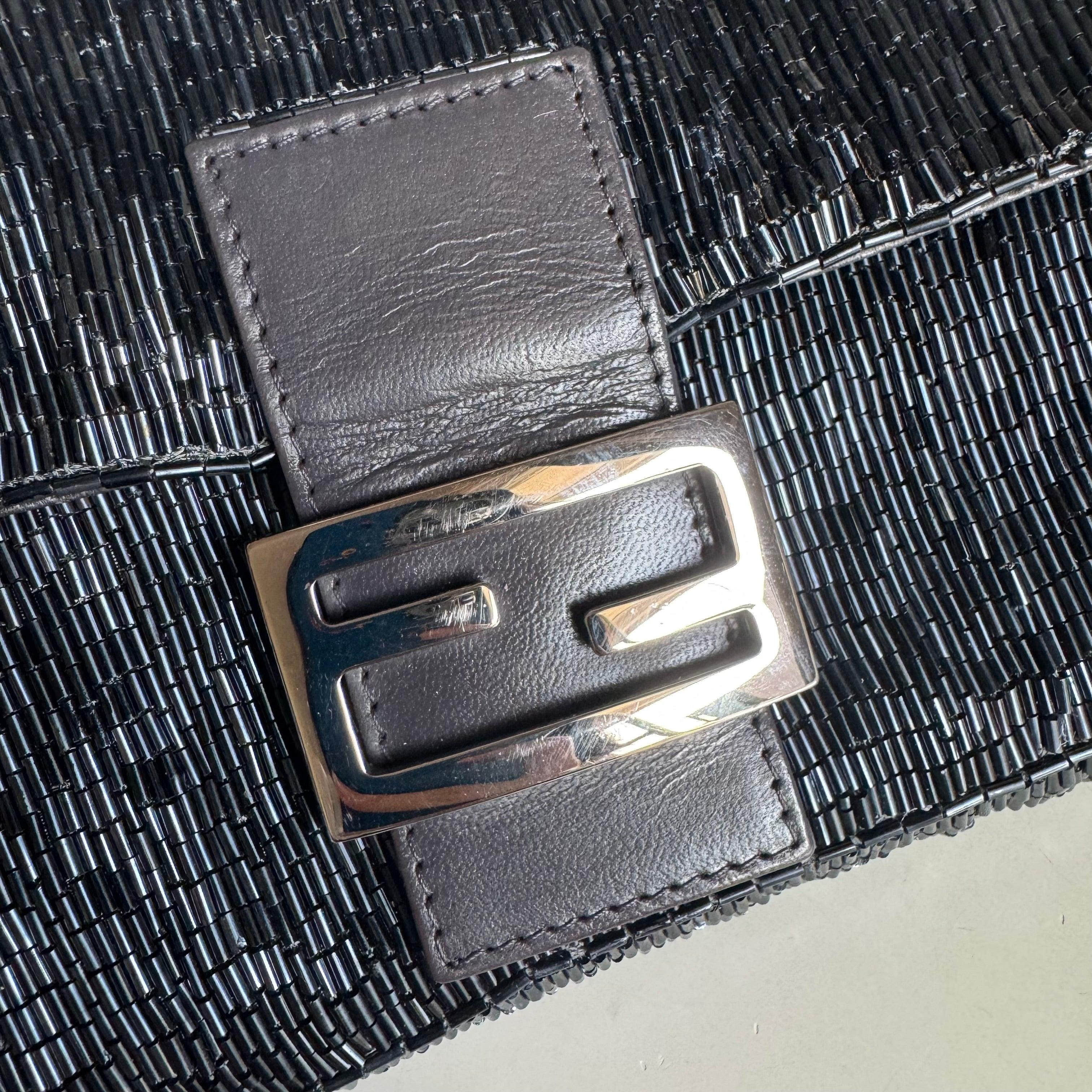 Fendi Baguette Metallic Navy Black Glittering Waterfall Beads Shoulder Bag For Sale 6