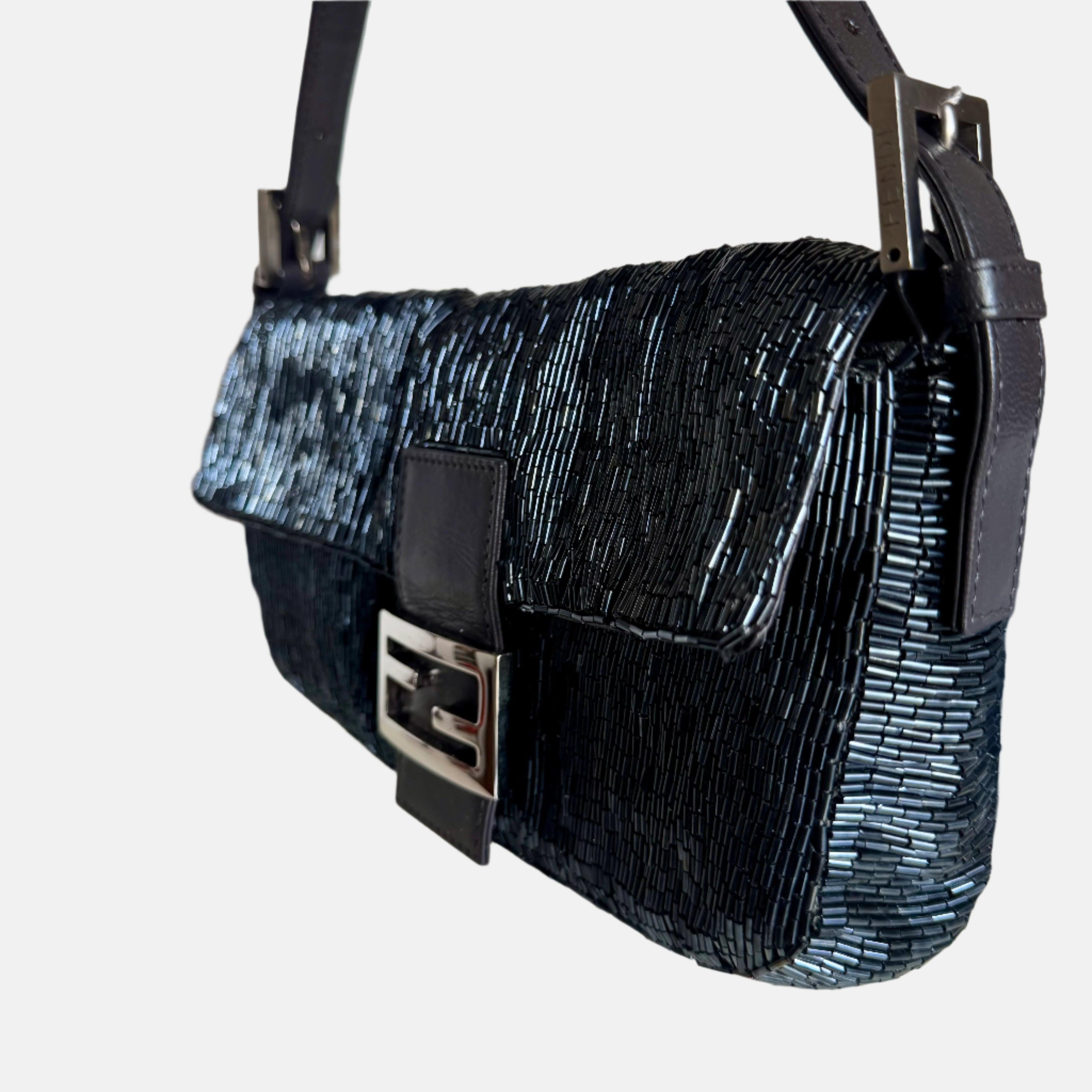 Fendi Baguette Metallic Navy Black Glittering Waterfall Beads Shoulder Bag
 These are professional photos of the actual bag.
 Discover another classic vintage Fendi baguette with waterfall beads in rare mesmerising metallic dark navy color. These