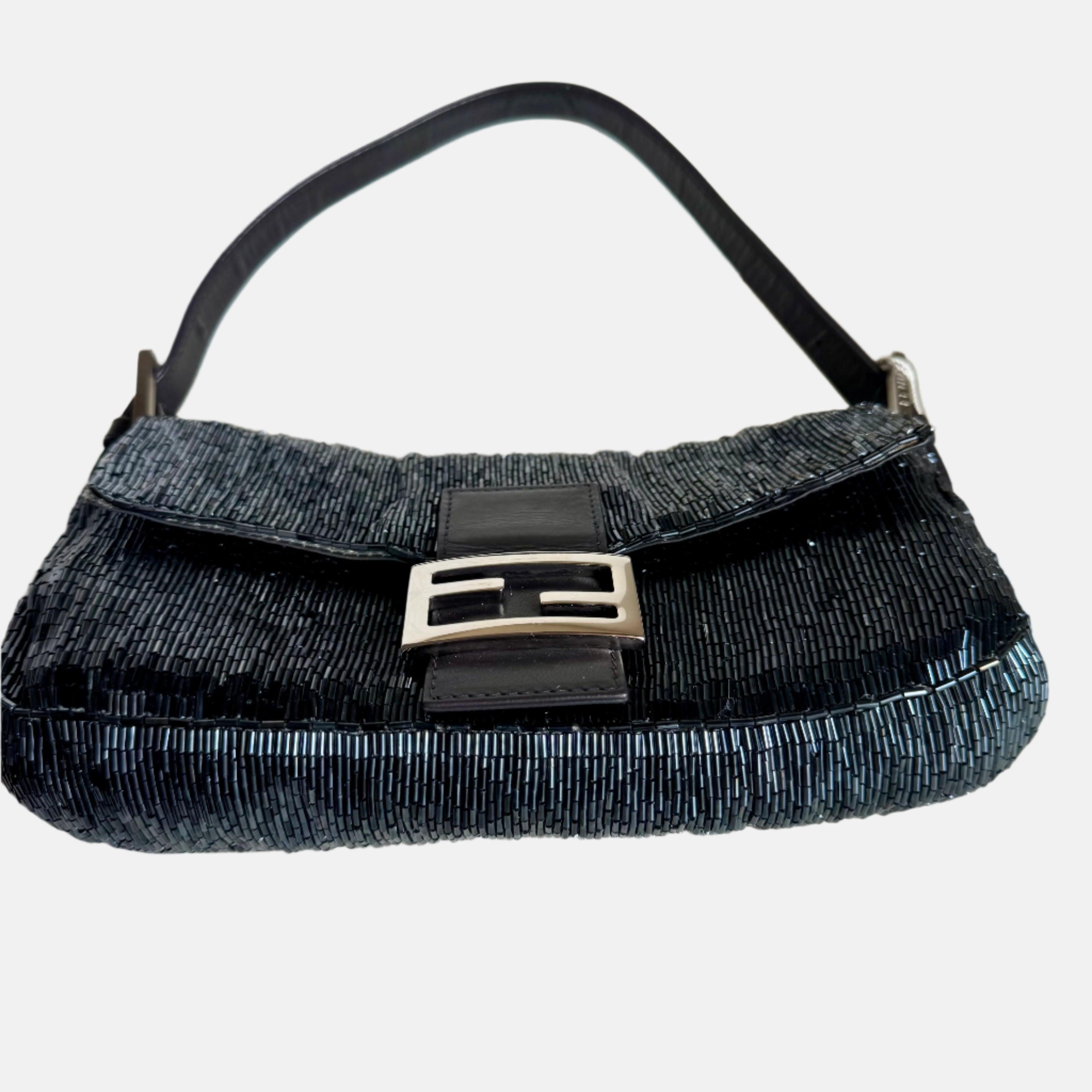 Fendi Baguette Metallic Navy Black Glittering Waterfall Beads Shoulder Bag For Sale 1