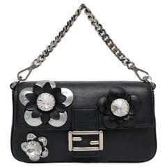 Fendi Baguette Micro Black Leather Crystal Flower Clutch