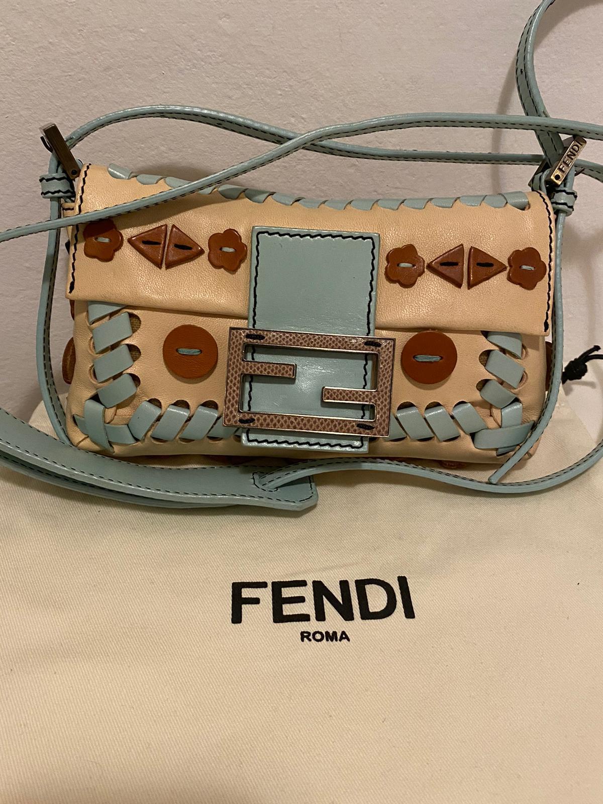 Fendi baguette mini beige and light blue leather shoulder bag NWOT 1