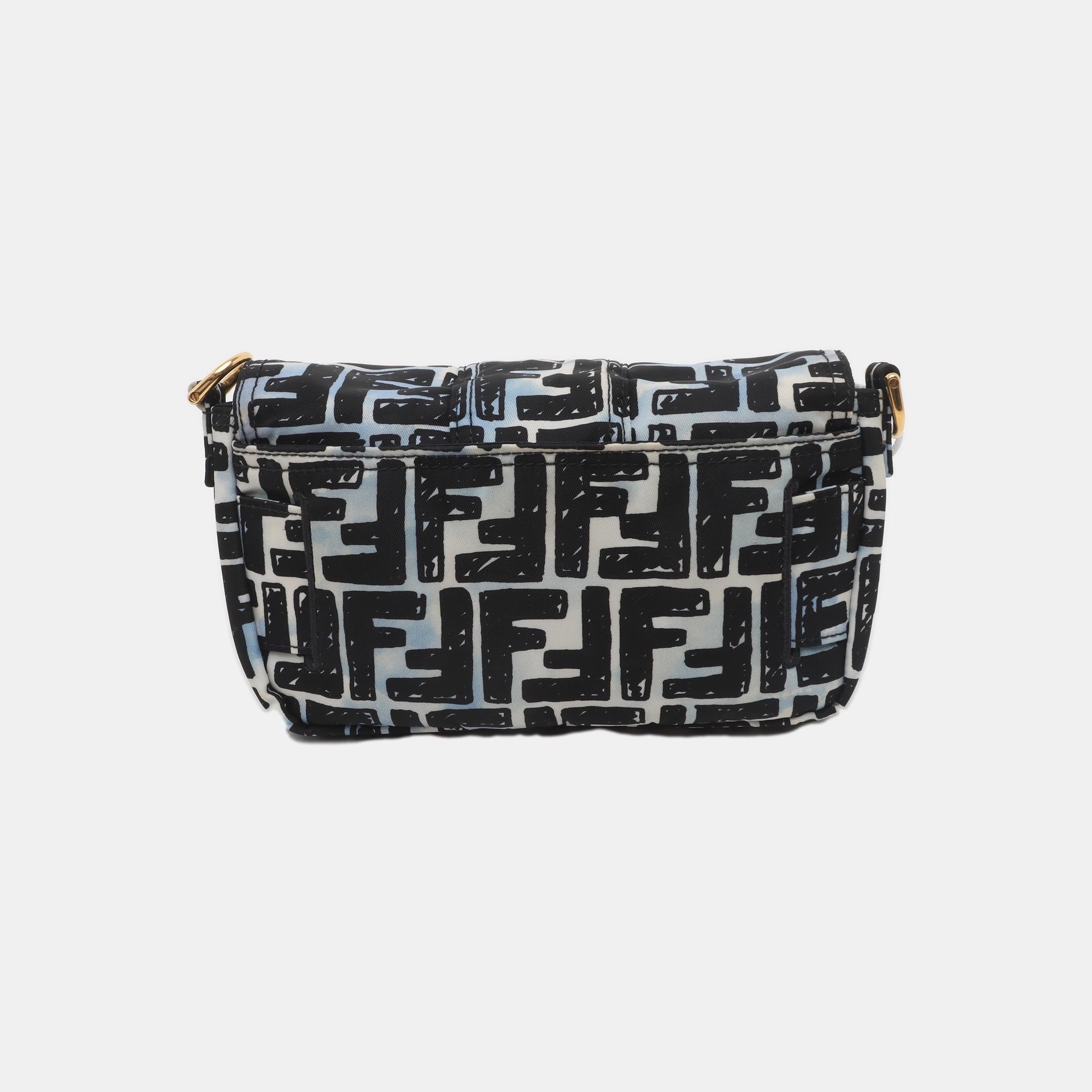 Women's Fendi Baguette Mini Blue Black Zucca Nylon Gold Hardware Two-way Carry Bag
