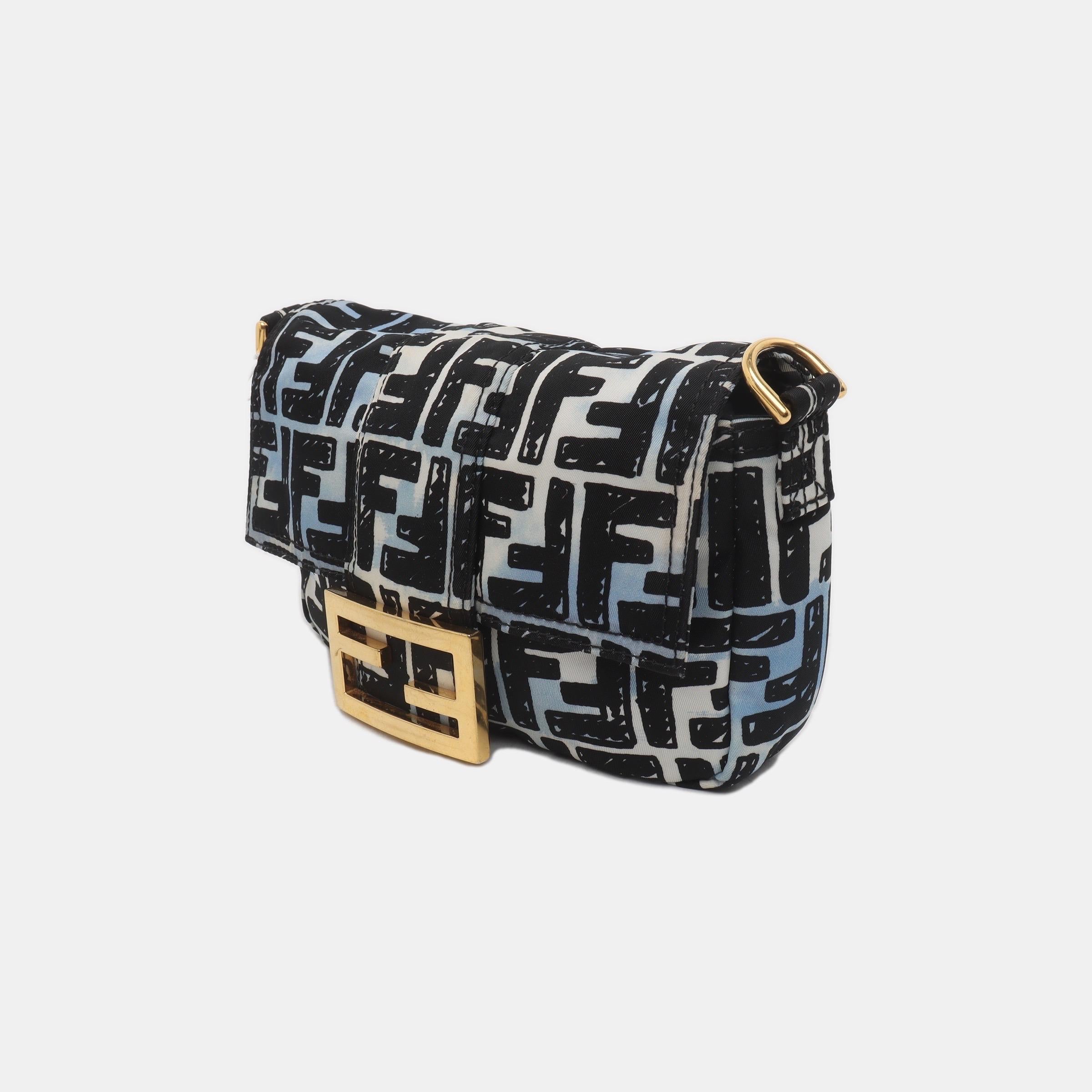 Fendi Baguette Mini Blue Black Zucca Nylon Gold Hardware Two-way Carry Bag 1