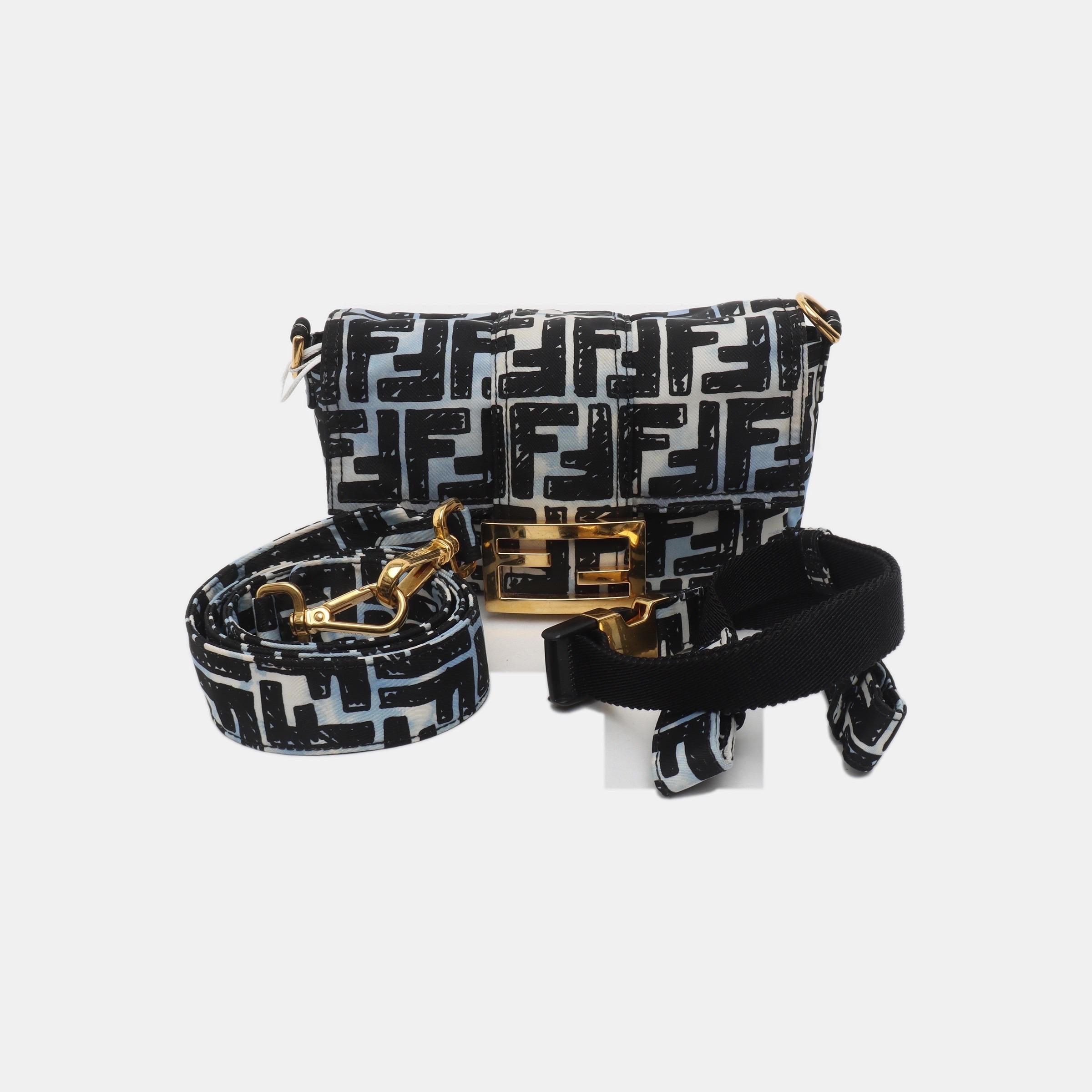 Fendi Baguette Mini Blue Black Zucca Nylon Gold Hardware Two-way Carry Bag 5