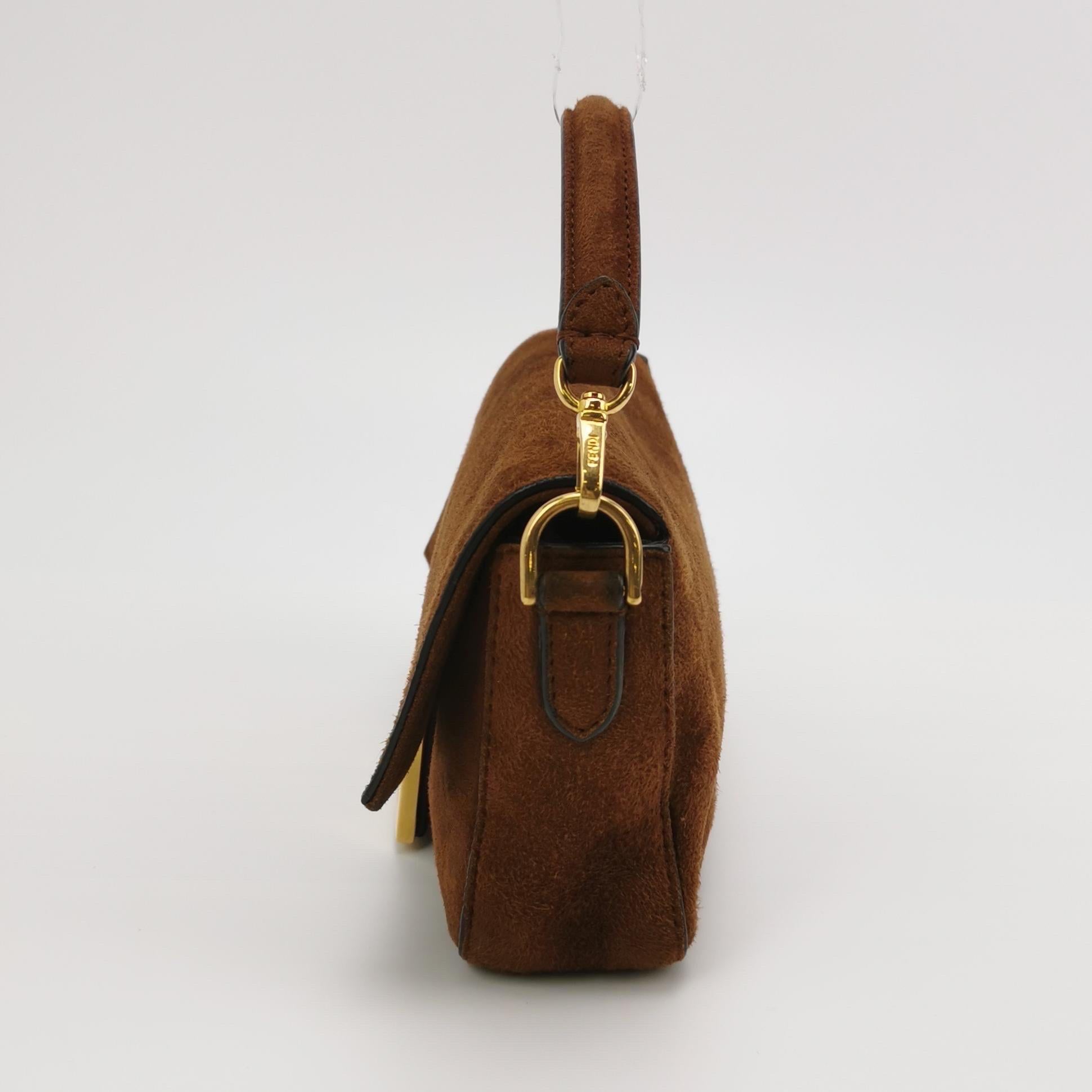Women's Fendi Baguette Mini Brown Suede Gold Hardware Crossbody Bag