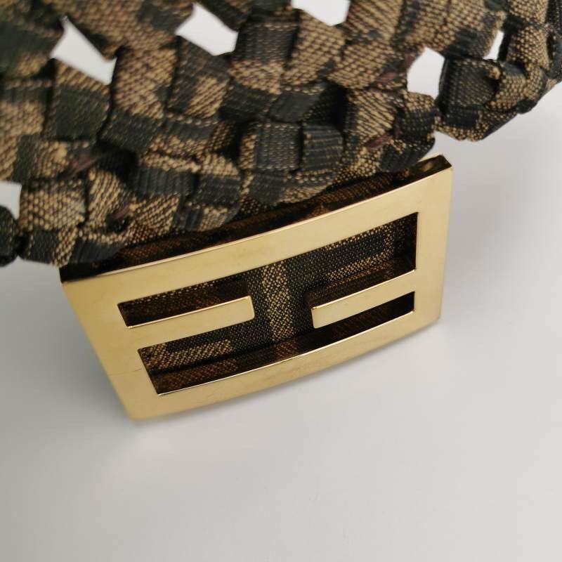 Fendi Baguette Mini Canvas Crochet Zucca Dark Green and Gold Hardware For Sale 6