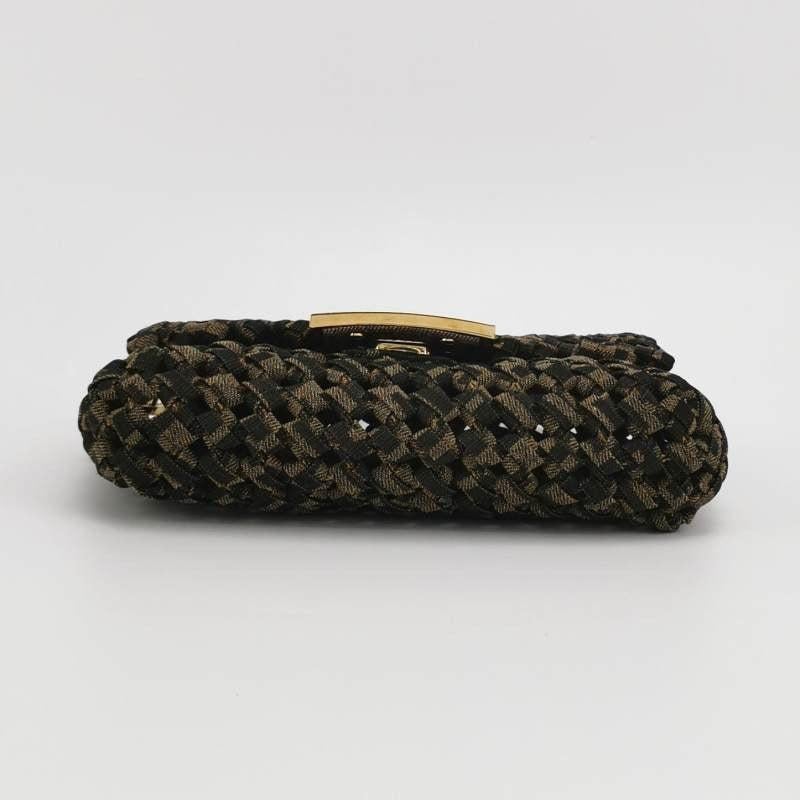 Black Fendi Baguette Mini Canvas Crochet Zucca Dark Green and Gold Hardware For Sale