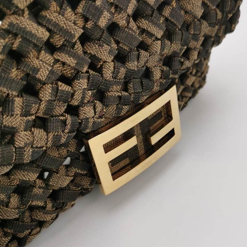 Fendi Baguette Mini Canvas Crochet Zucca Dark Green and Gold Hardware For Sale 3