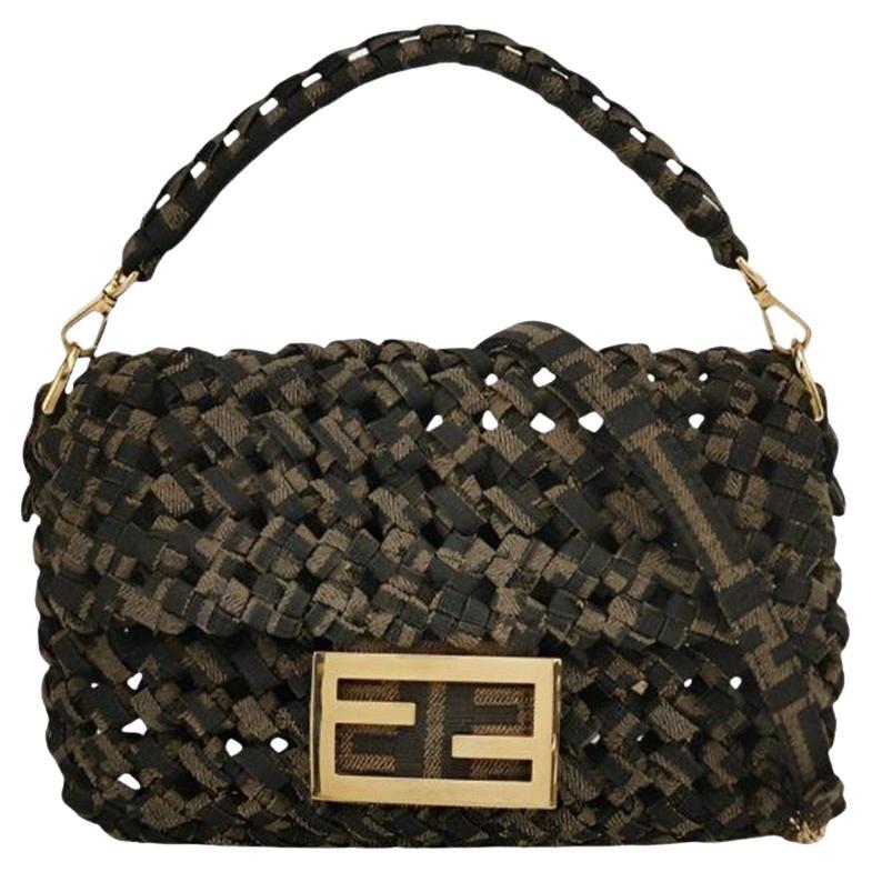 Fendi Baguette Mini Canvas Crochet Zucca Dark Green and Gold Hardware For Sale