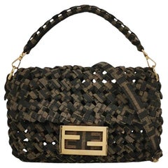 Fendi Baguette Mini Canvas Crochet Zucca Dark Green and Gold Hardware