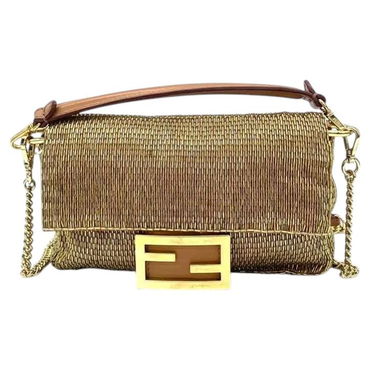 Fendi Baguette Mini Gold Beaded Chain Strap Crossbody Bag