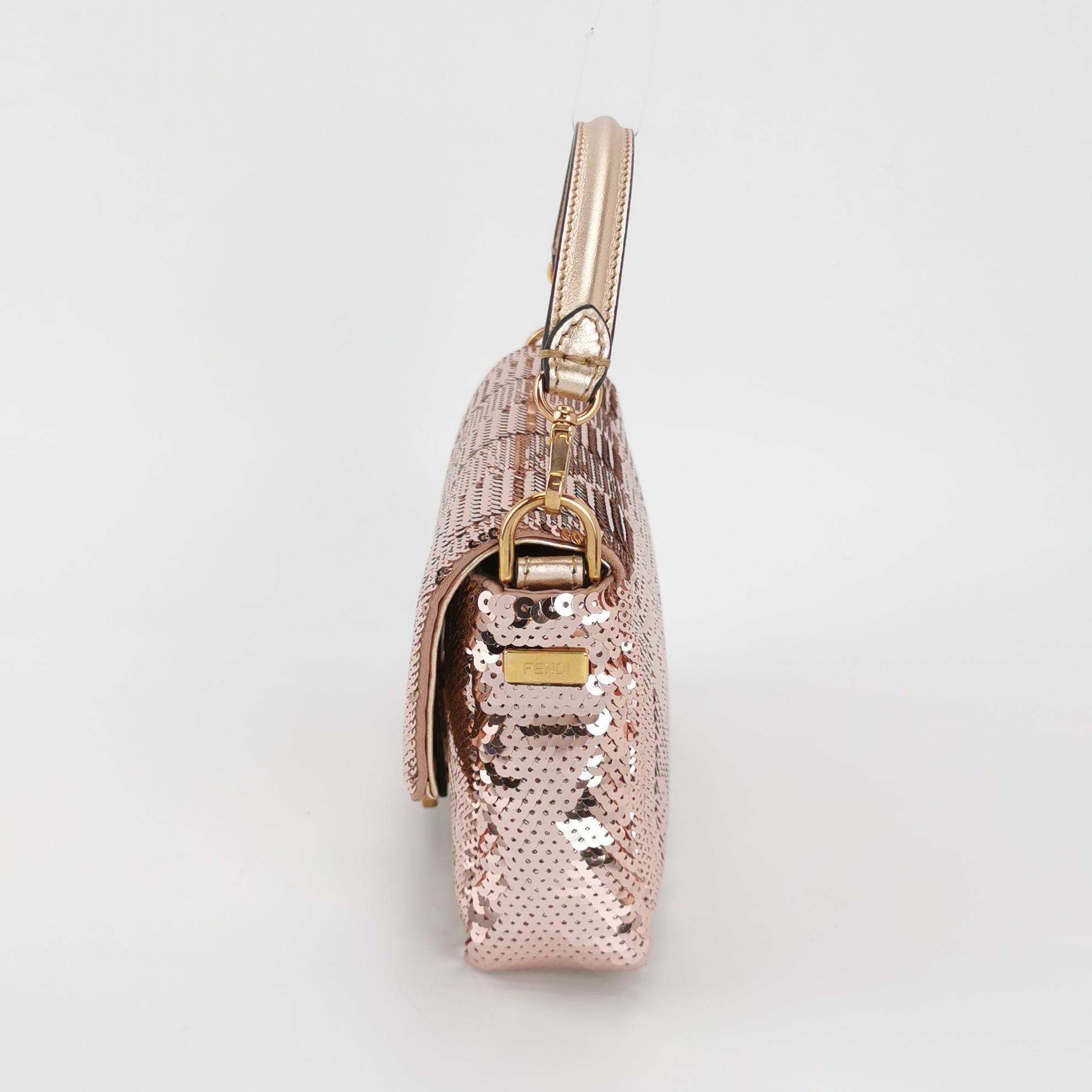Beige Fendi Baguette Mini Pink Glitter Sequins Valentine's Special Crossbody Bag