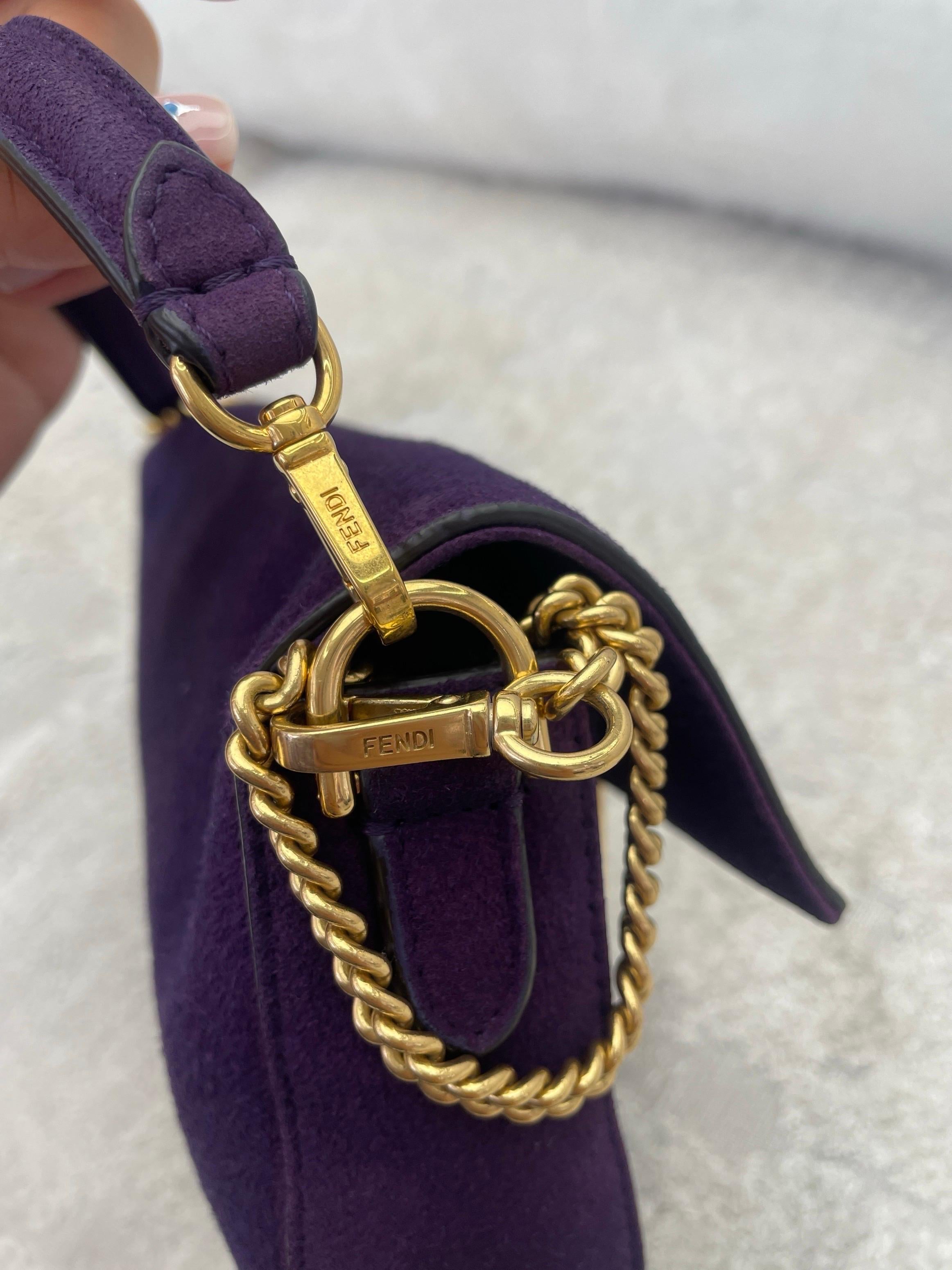 Fendi Baguette Mini Purple Suede Gold Hardware Crossbody Bag For Sale 9
