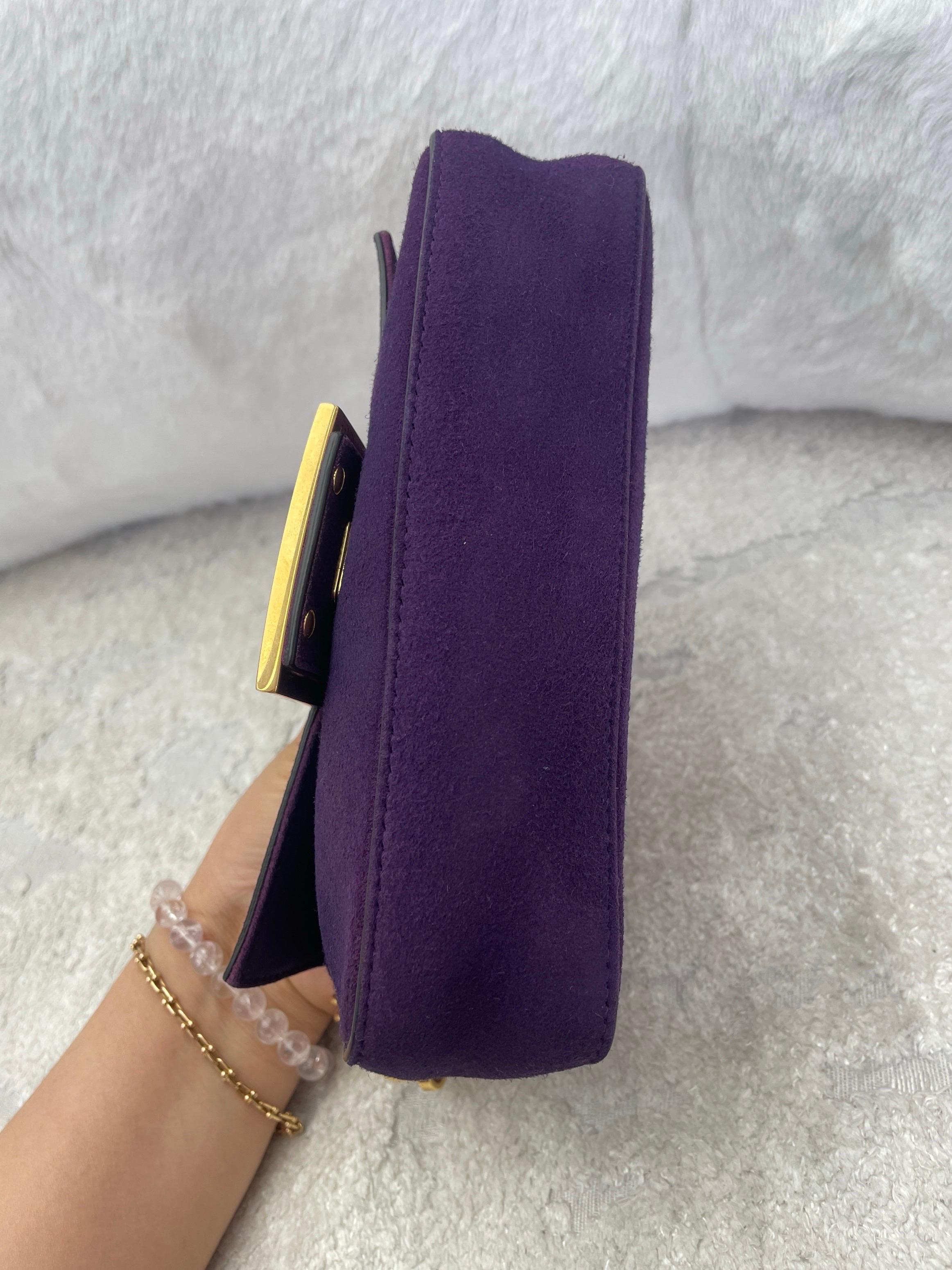 Fendi Baguette Mini Purple Suede Gold Hardware Crossbody Bag For Sale 2