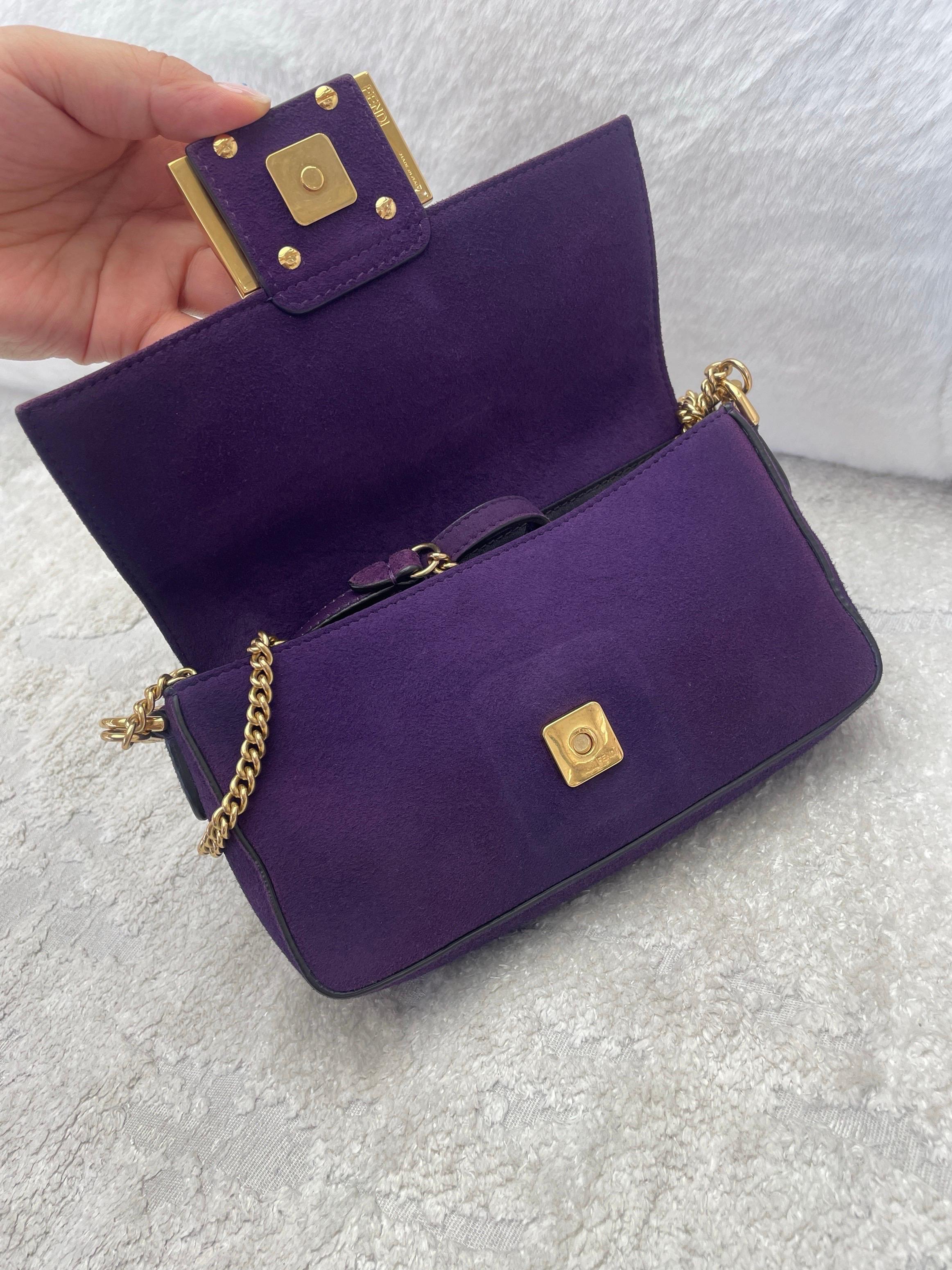 Fendi Baguette Mini Purple Suede Gold Hardware Crossbody Bag For Sale 5
