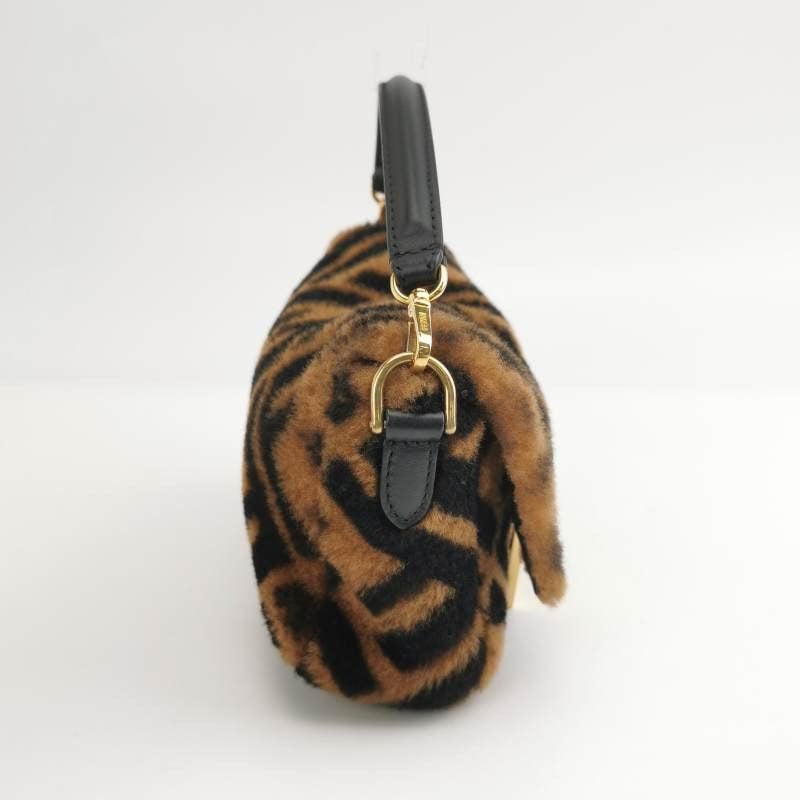 Women's Fendi Baguette Mini Shearling Vitello Dolce Marco FF 1974 Tobacco Brown Zucca For Sale
