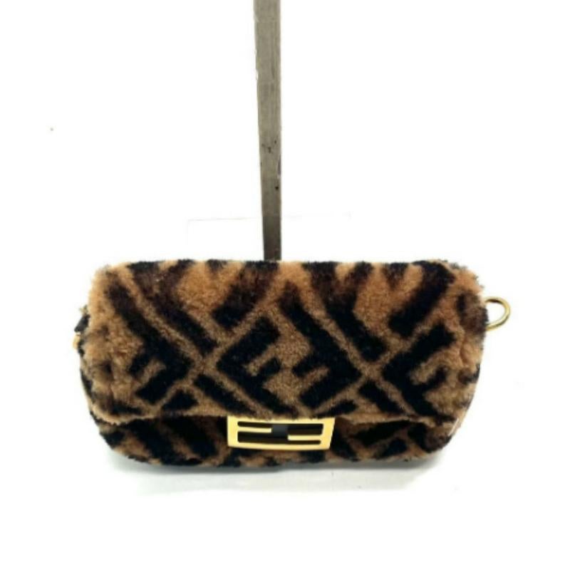 Women's Fendi Baguette Mini Shearling Vitello Dolce Marco FF Tobacco Black Brown Zucca For Sale