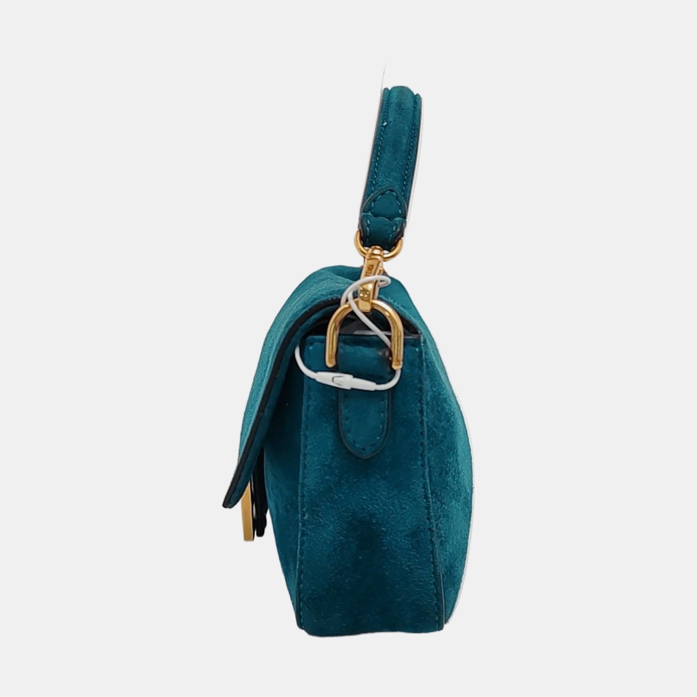 Women's Fendi Baguette Mini Turquoise Blue Suede Gold Hardware Crossbody Bag For Sale