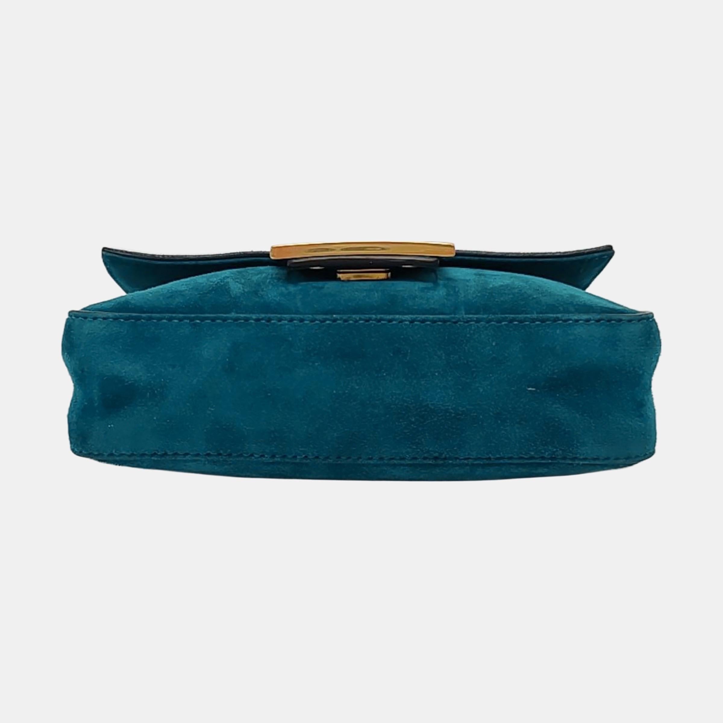 Fendi Baguette Mini Turquoise Blue Suede Gold Hardware Crossbody Bag For Sale 4