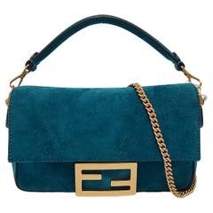Fendi Baguette Mini Bolso Crossbody Herrajes Dorados Ante Azul Turquesa