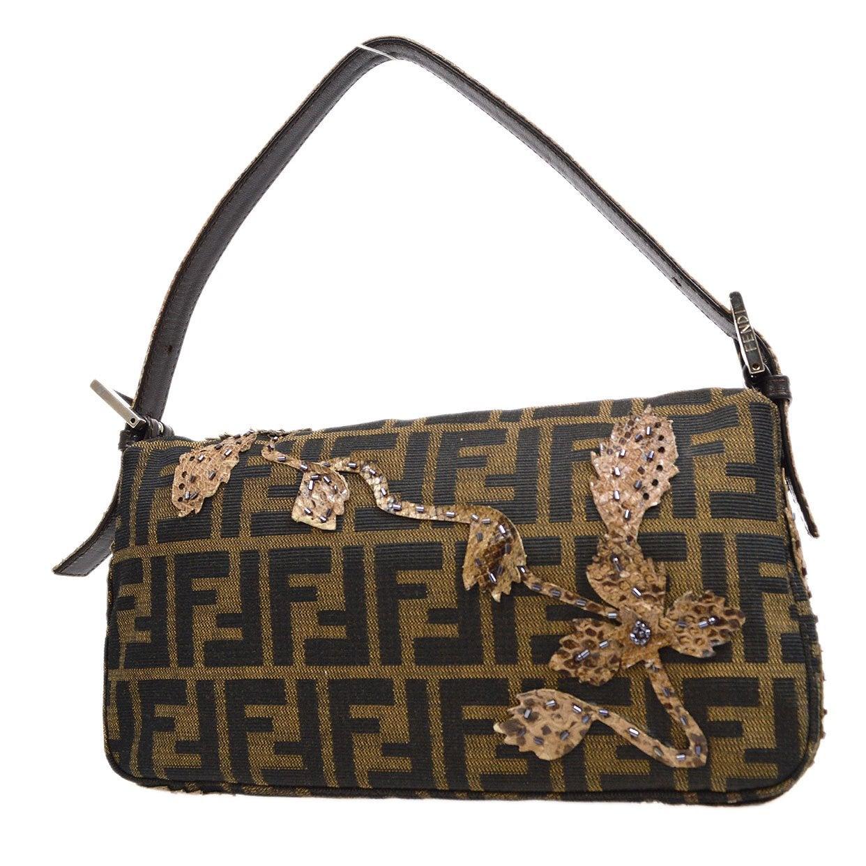 FENDI Baguette Monogram Logo Zucca Brown Black Nude Python Shoulder Bag For Sale at 1stDibs