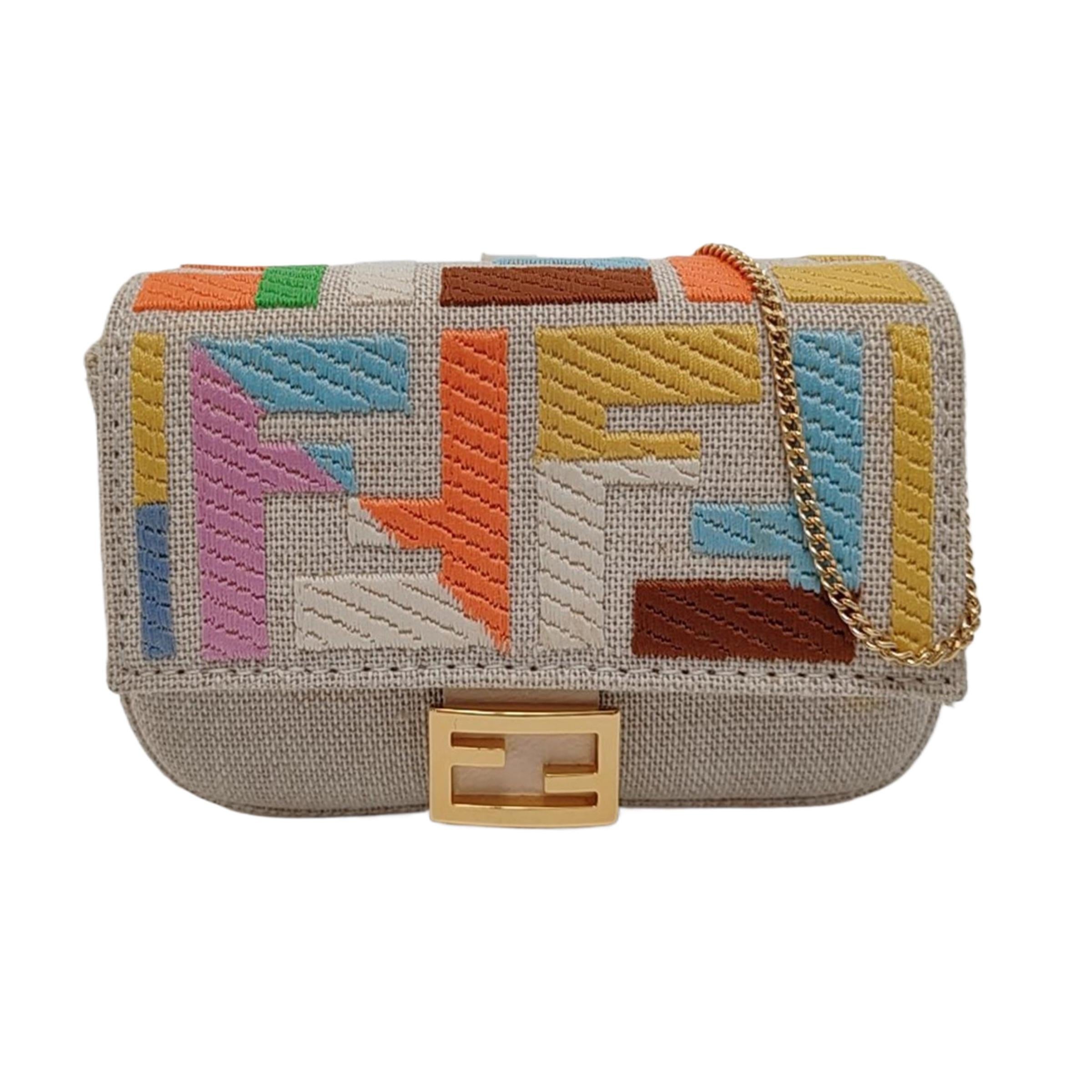 Fendi Baguette Nano Multicolore Canvas Chain Strap Crossbody Bag