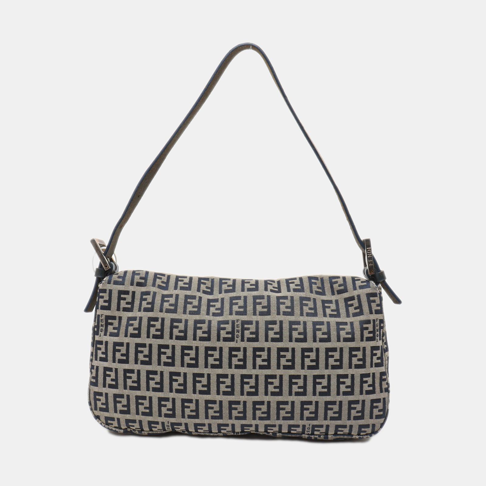 Fendi Baguette Navy Zucchino Print Monogram In Good Condition In AUBERVILLIERS, FR