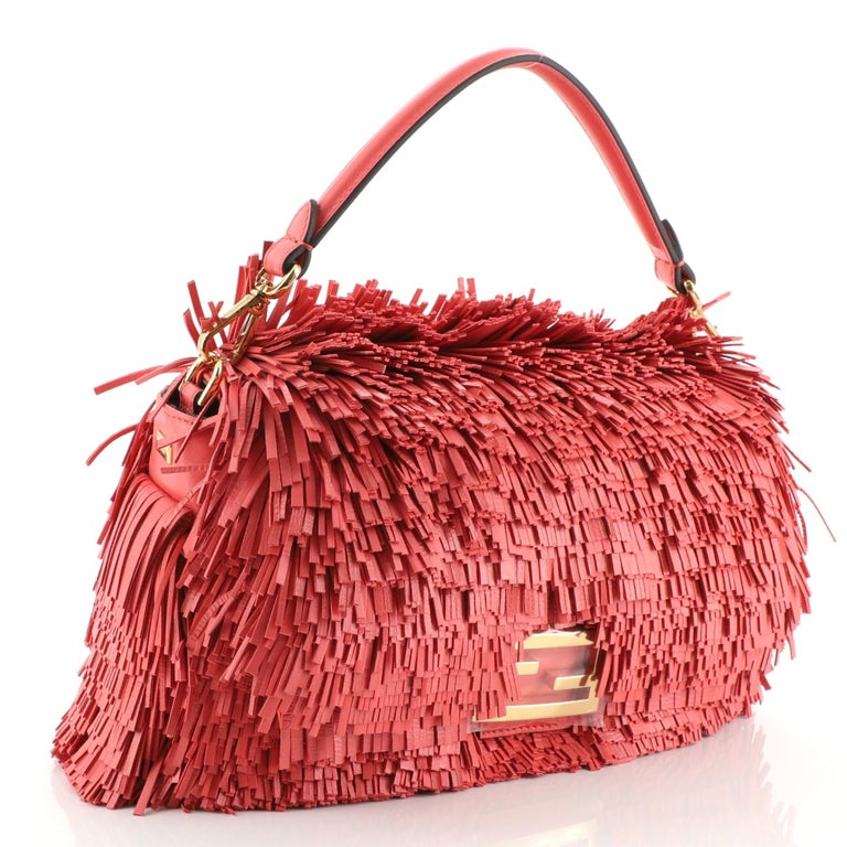 Pink Fendi Baguette NM Bag Fringe Leather Medium For Sale