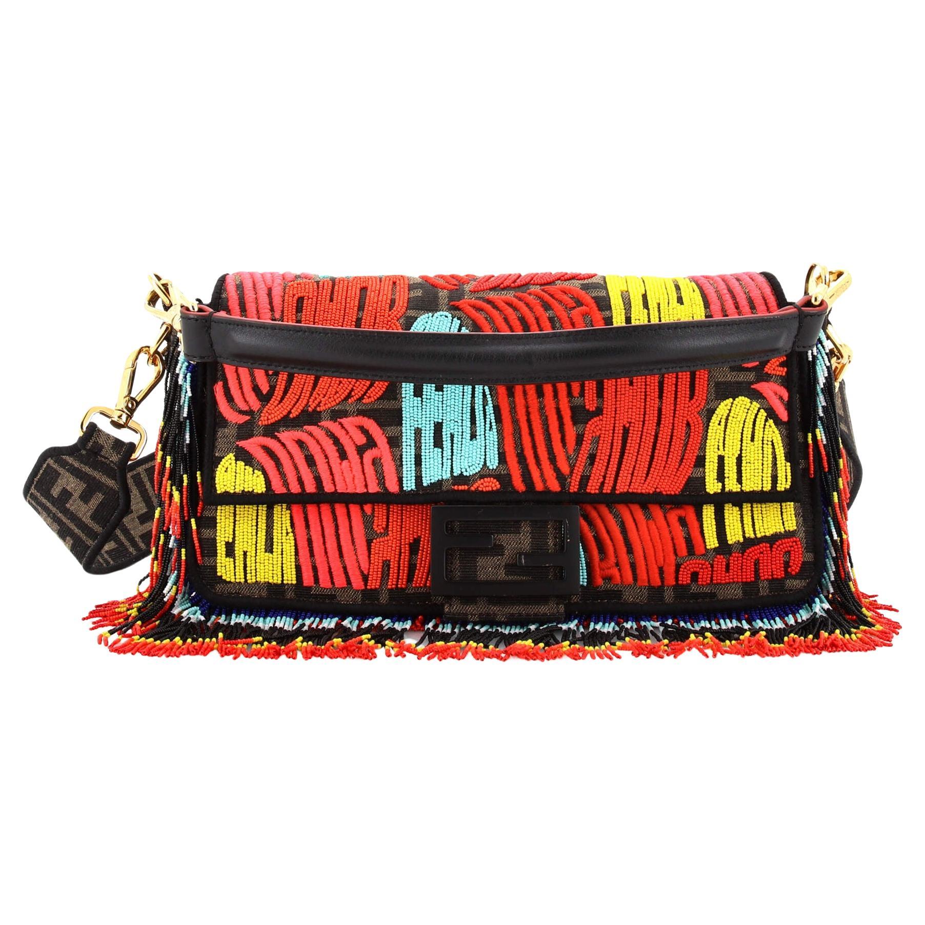 Fendi Baguette NM Bag Fringed Embellished Zucca Canvas Medium For Sale