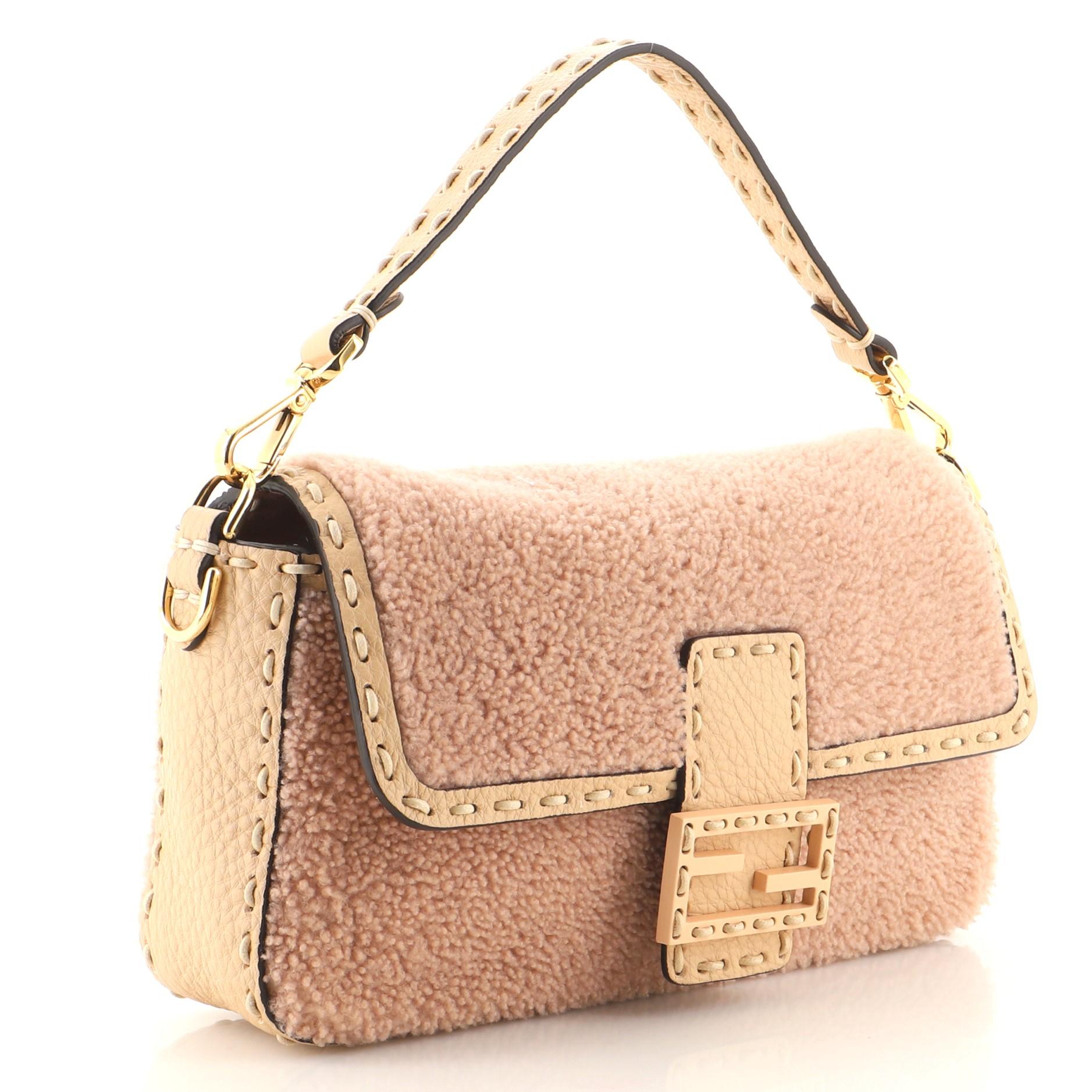 Beige Fendi Baguette NM Bag Shearling with Stitched Leather Medium