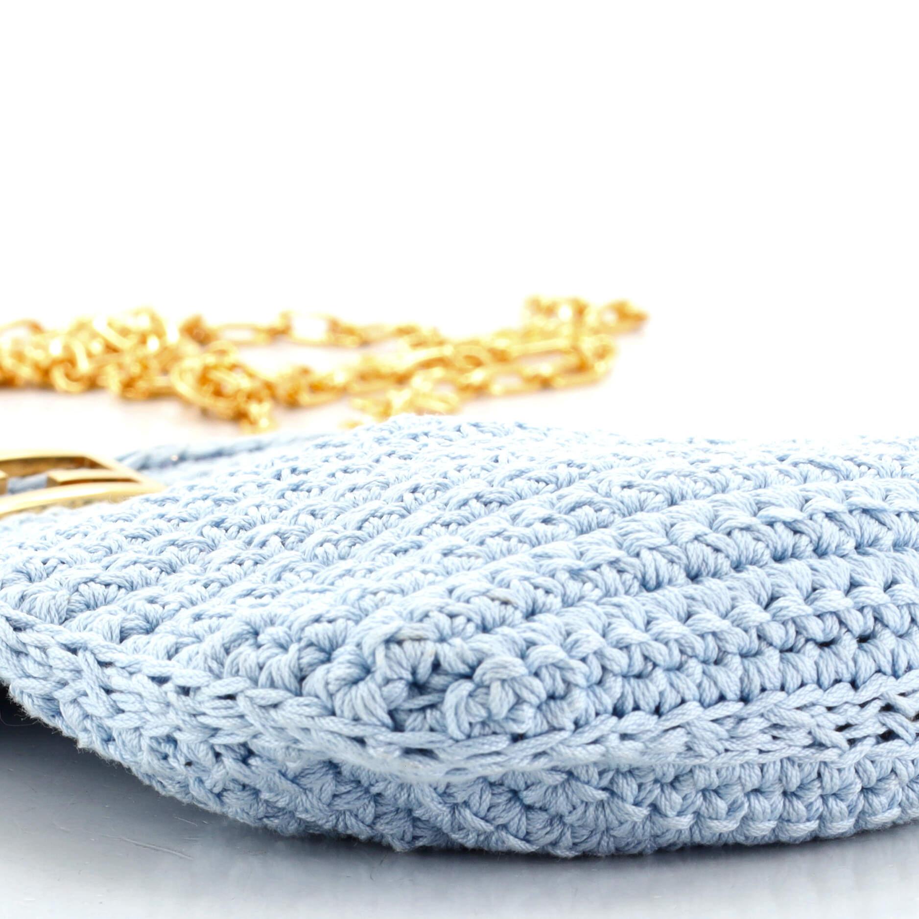 Blue Fendi Baguette Phone Bag Woven Crochet Mini