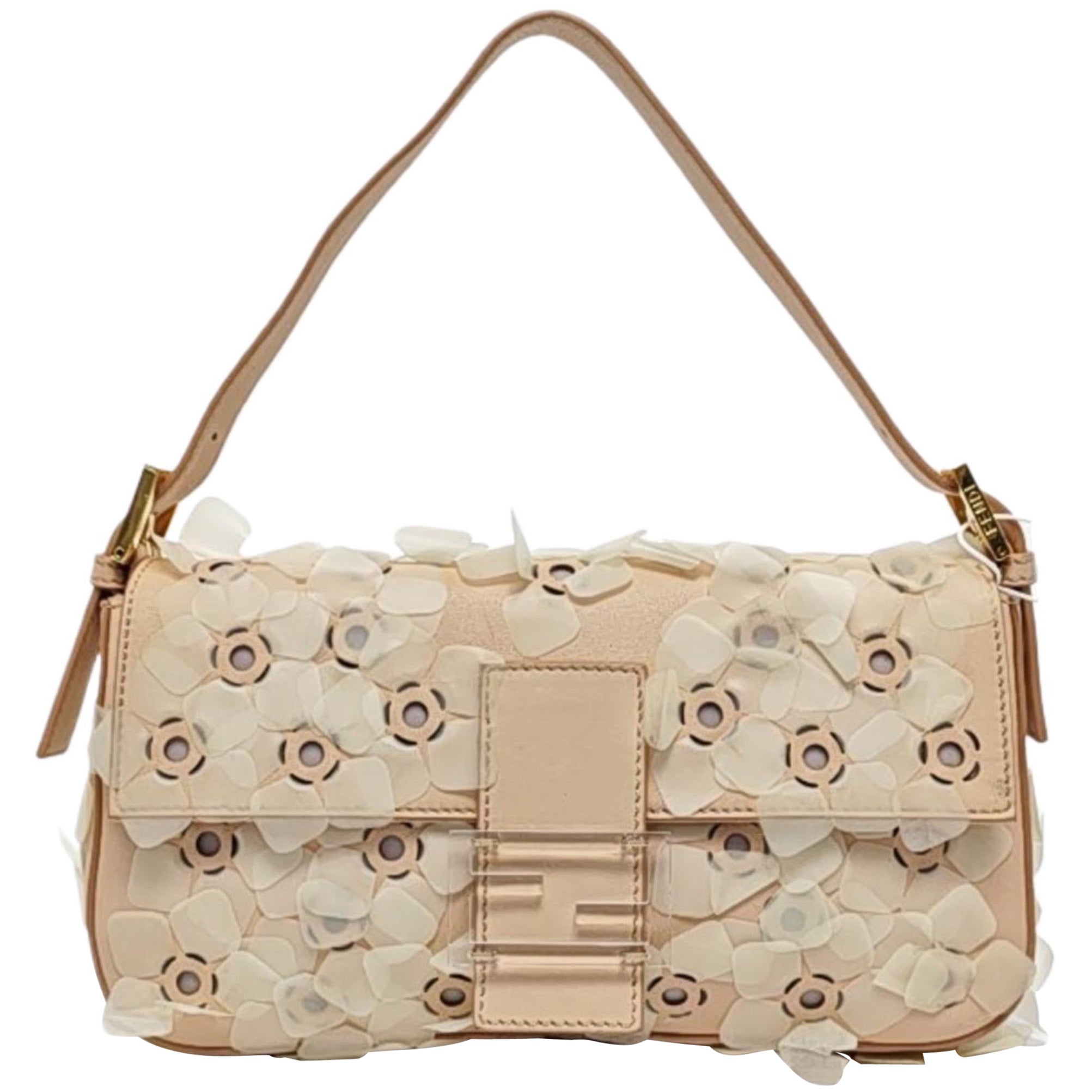 Fendi Baguette Rosa Leder mit Blumenverzierung Transparente Schnalle im Angebot