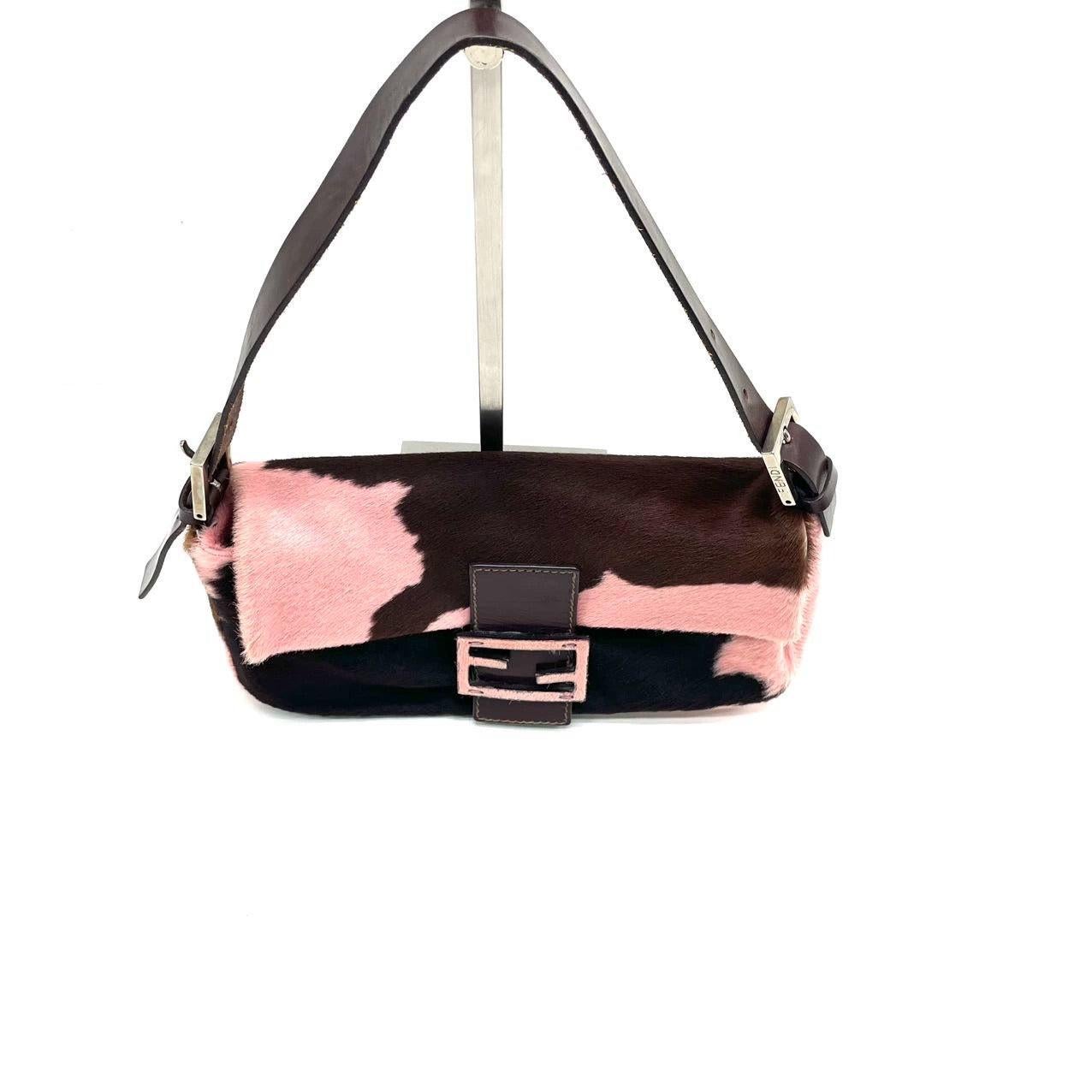 Black Fendi Baguette Pony-style Calfskin Leather Shoulder Bag in Pink Cow Print