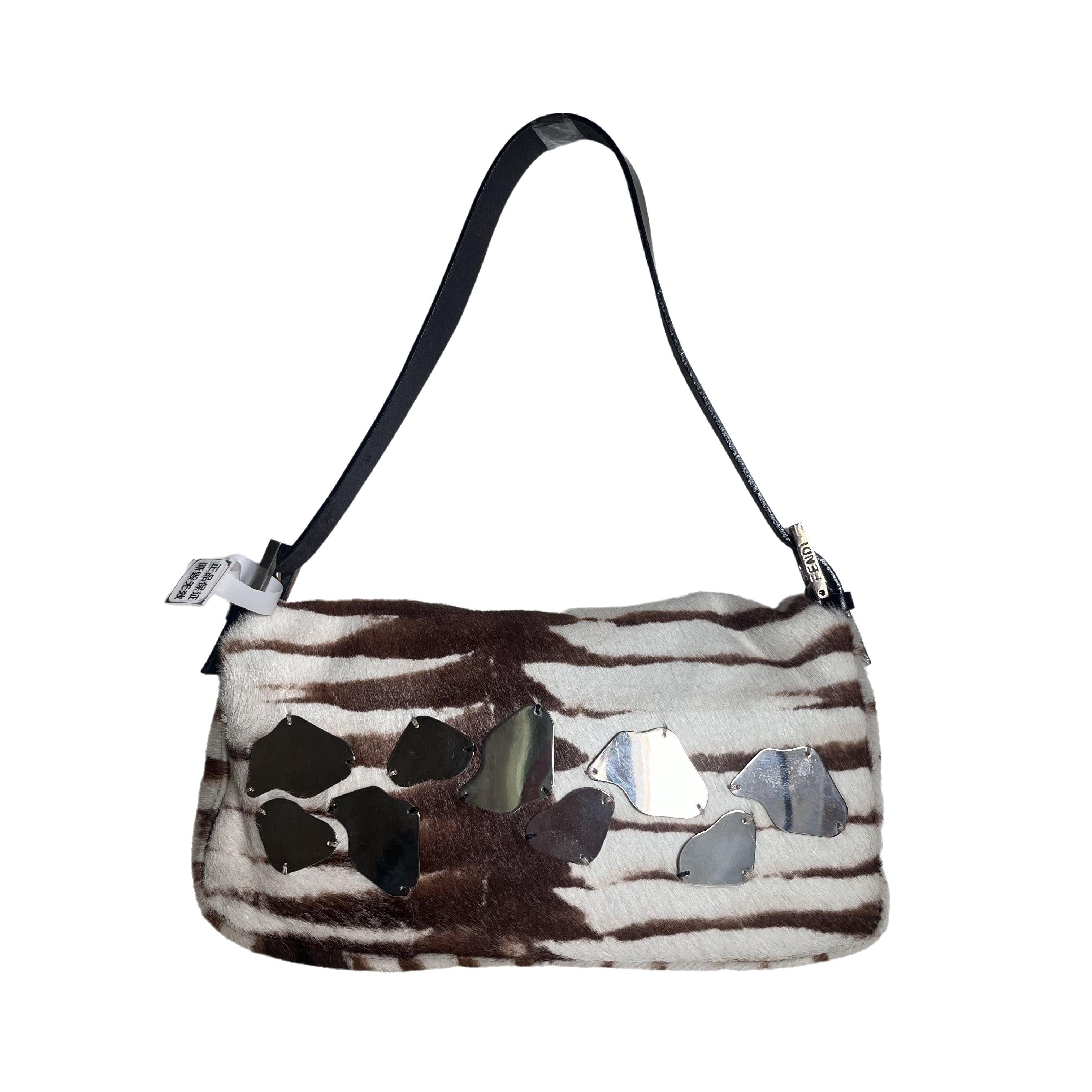 Women's Fendi Baguette Pony-style Calfskin Leather Zebra Print with Metal Mirror