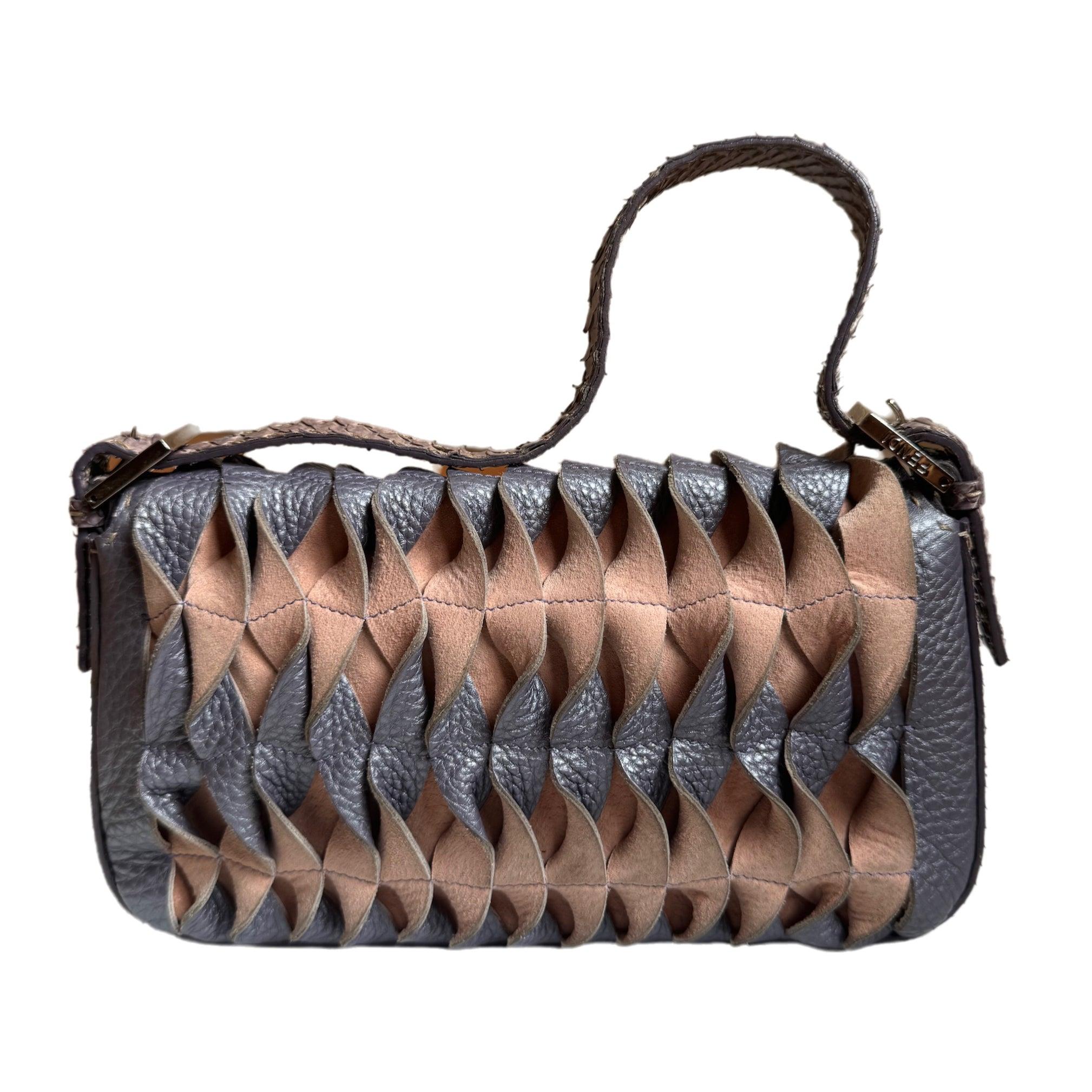 Fendi Baguette Purple Snakeskin Cutout Shoulder Bag
 These are professional photos of the actual bag offered
 EXCELLENT: EXCELLENT
 Rubbing along the corners, edges and strap. 
 DETAILS
 
 
 Model: Fendi Baguette
 
 
 Size: Medium
 
 
 Exterior