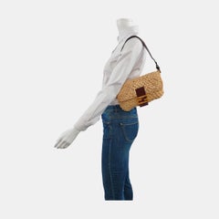 Fendi Baguette Raffia Straw Beige and Brown Leather Shoulder Bag